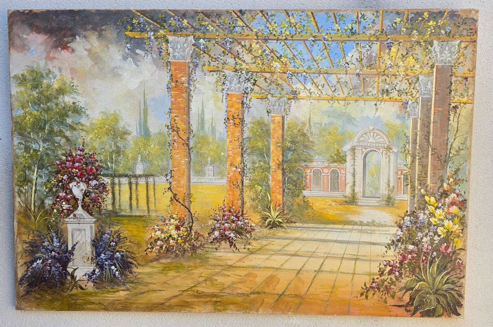 photo furniture Authentic Italian Fresco On Canvas – “Giardino Con Colonne” Roman Villa Garden