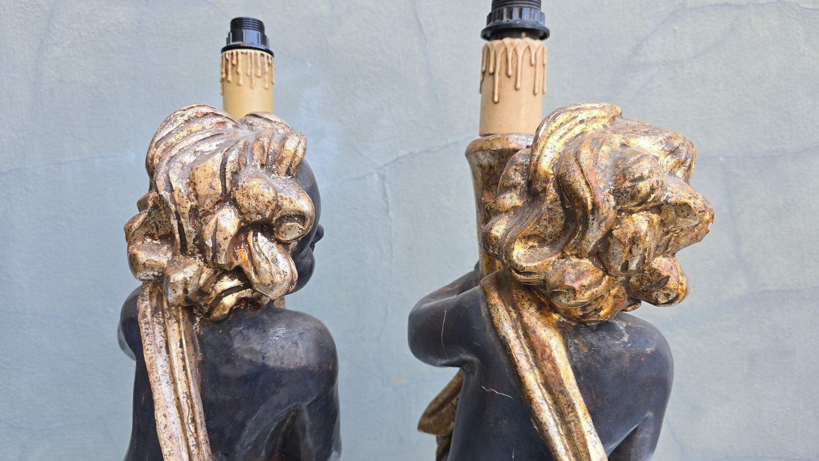 photo for sale Pair Of Italian Hand Carved Cherub Lamps In Gilded Wood, Circa 1940