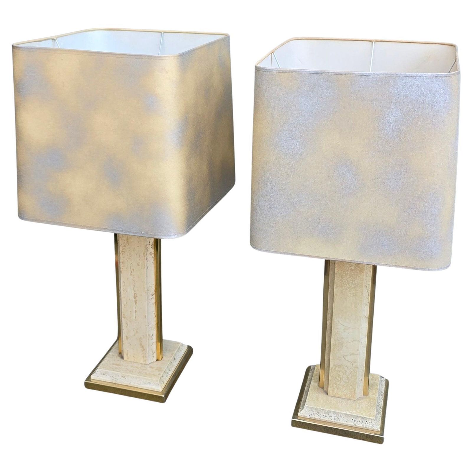 Pair Of Travertine And Brass Lamps With Square Shades – Italy, Circa 1970