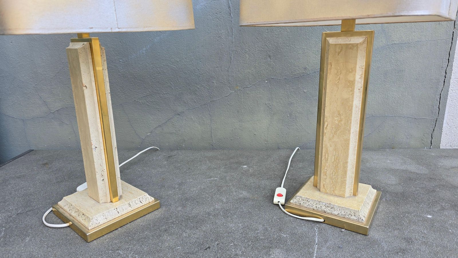 photo for sale Pair Of Travertine And Brass Lamps With Square Shades – Italy, Circa 1970