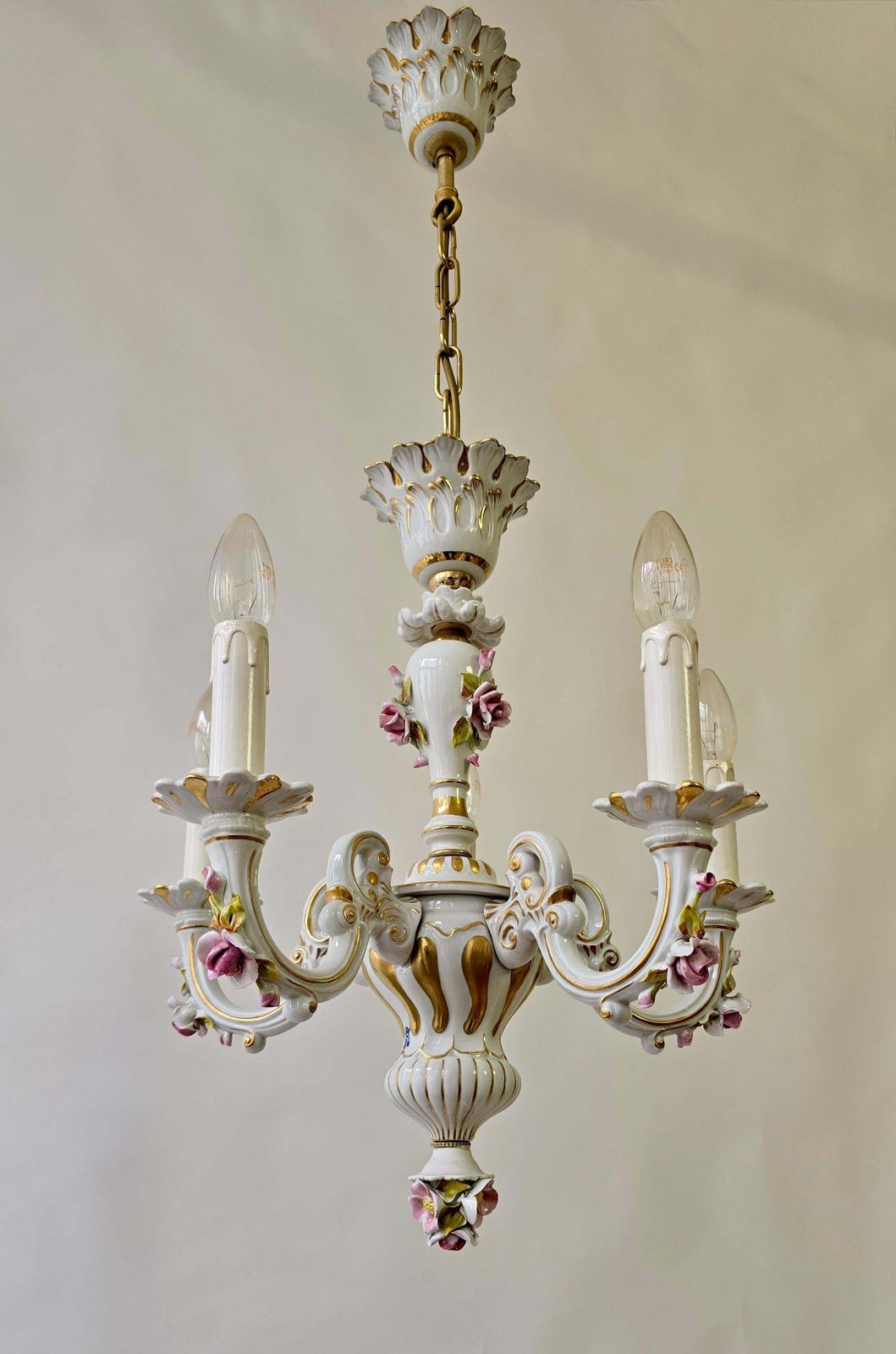 Elegant Italian Mangani Porcelain Chandelier – 5 Light, 1970s photo for sale