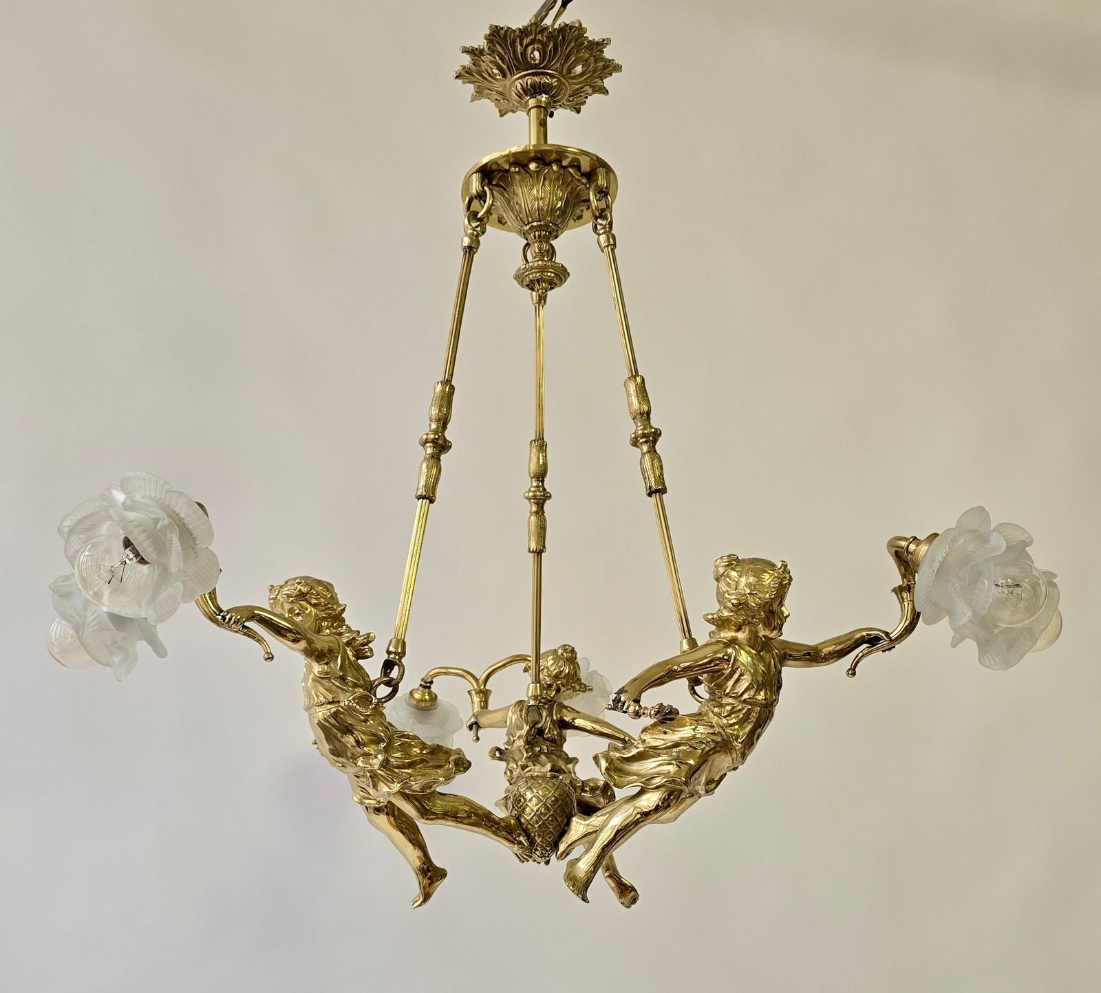 Exquisite French Gilt Bronze Chandelier With Cherubs Putti photo vintage
