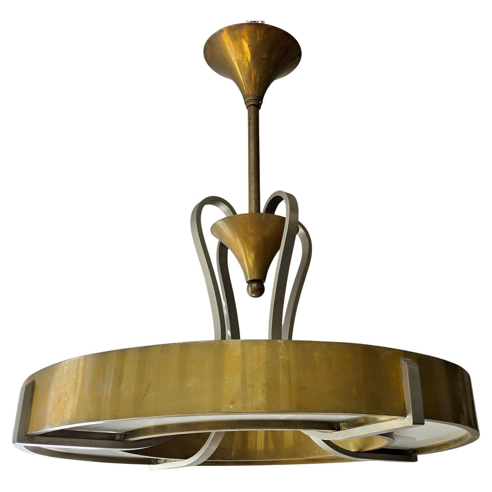 Elegant Art Deco And Bauhaus Brass And Opaline Glass Chandelier photo furniture
