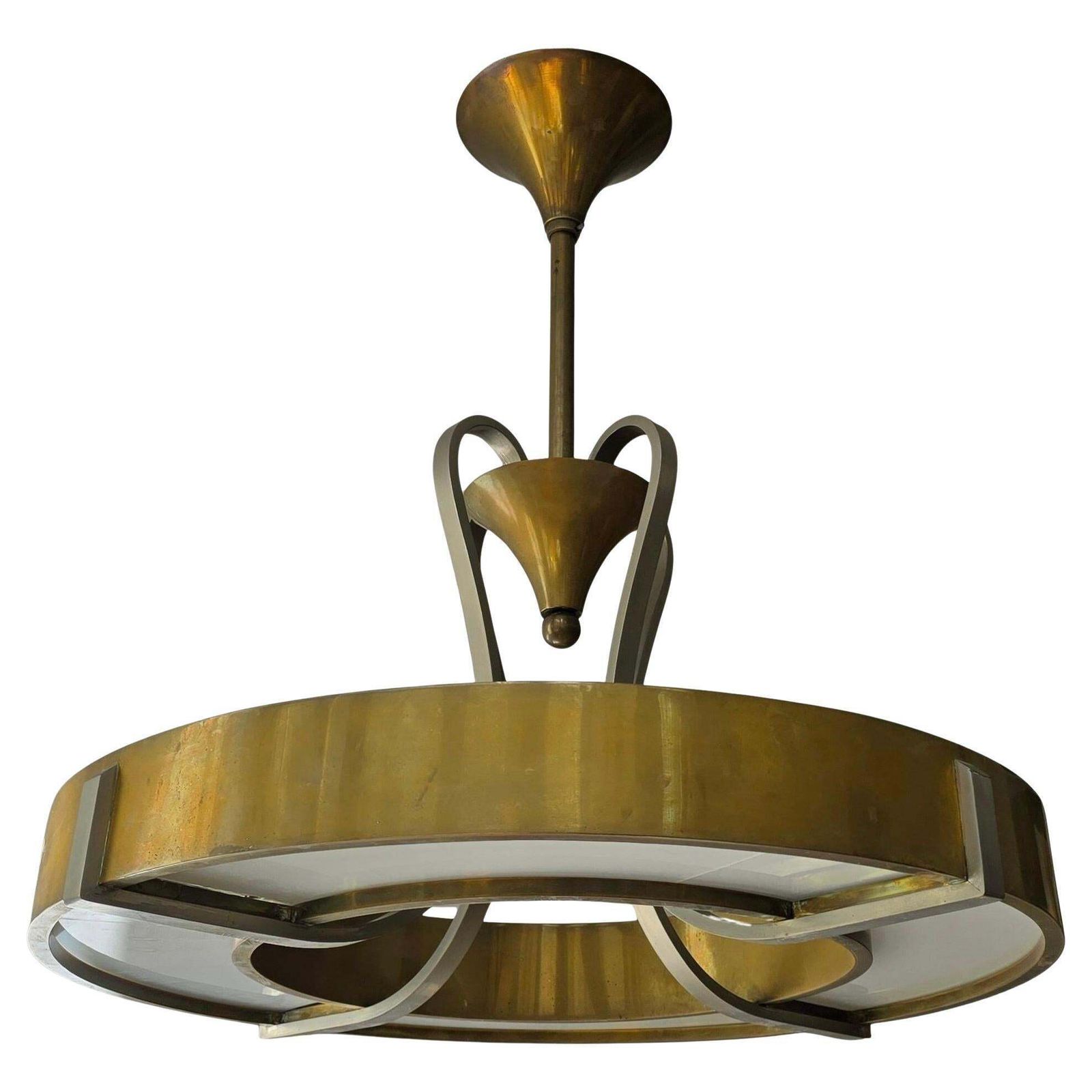 Elegant Art Deco And Bauhaus Brass And Opaline Glass Chandelier photo for sale