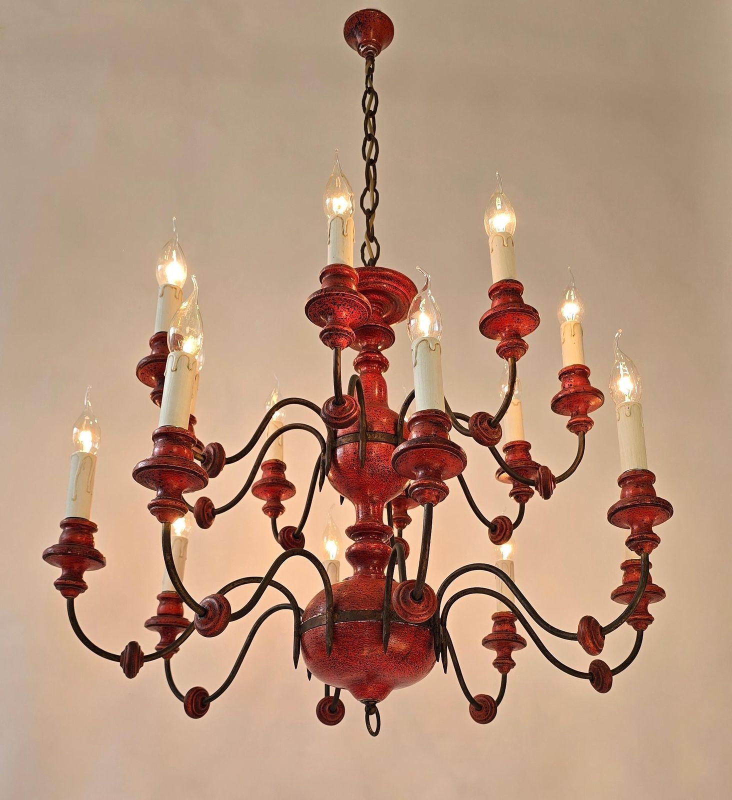 photo for sale Beautiful Wooden & Iron Chandelier With 16 Arms – Unique Red Finish