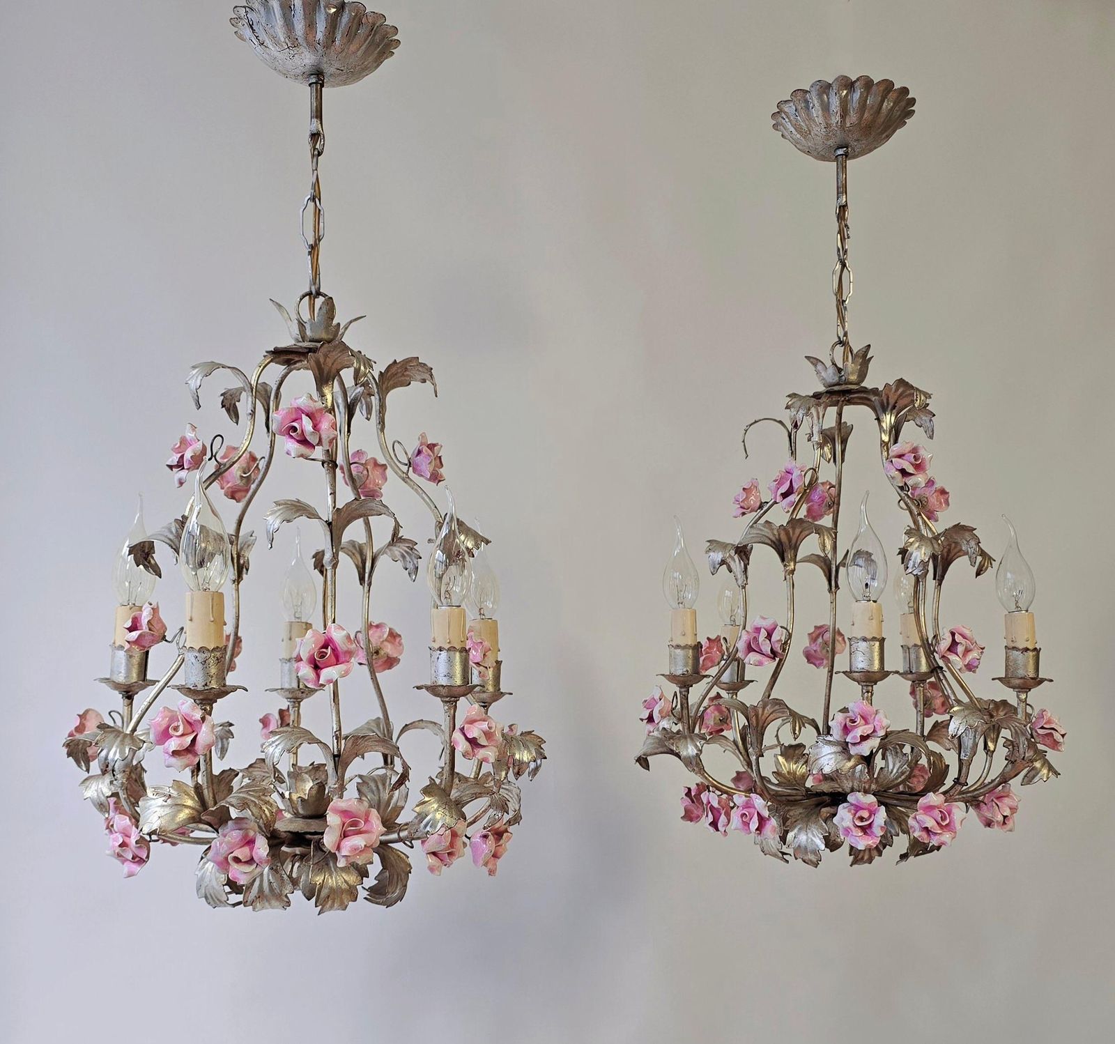 Set Of Two Chandeliers With Porcelain Roses photo for sale