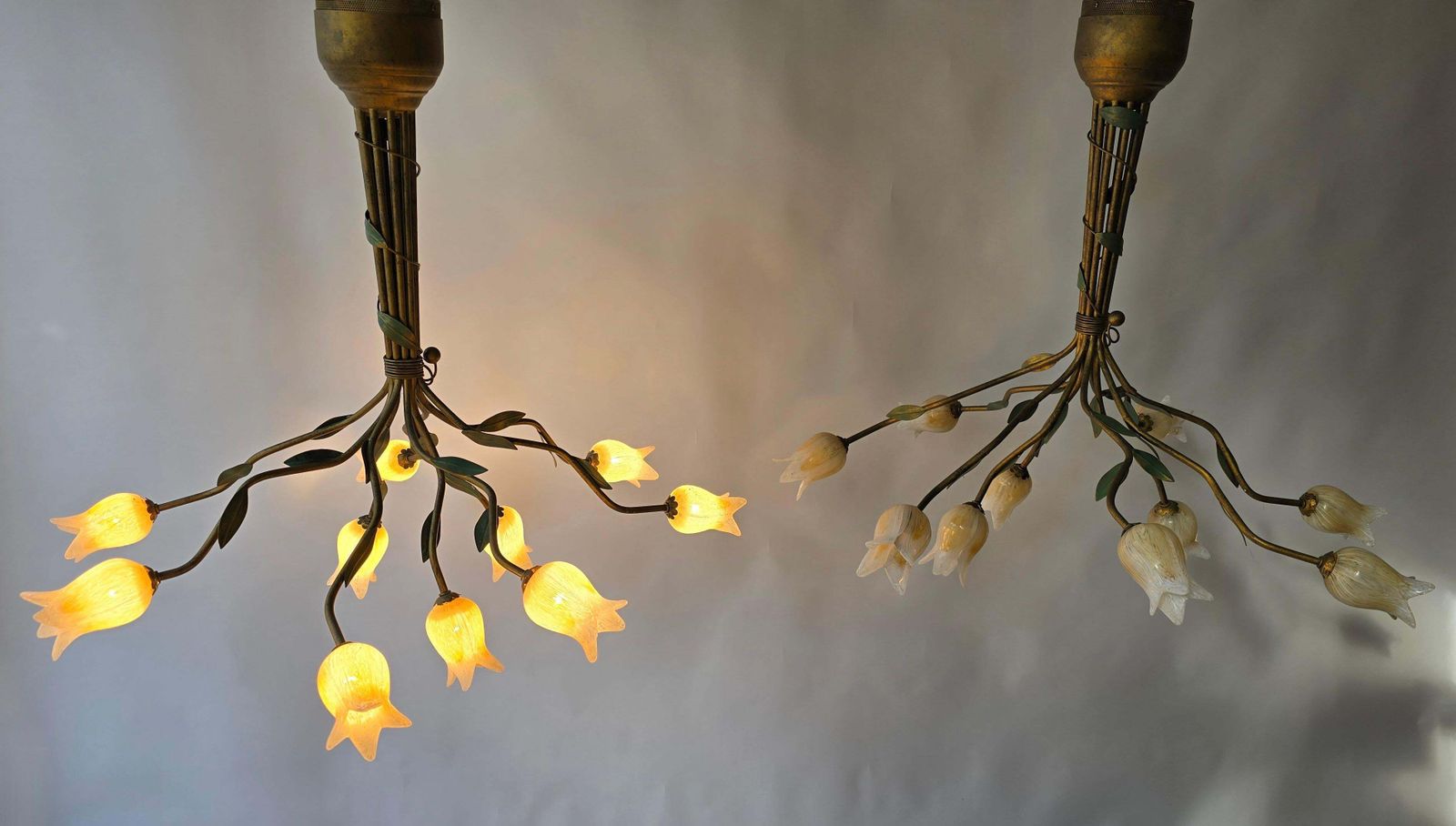 Two  Chandelier Pendant Lamp In Florentine Style With Glass Tulips Design photo vintage