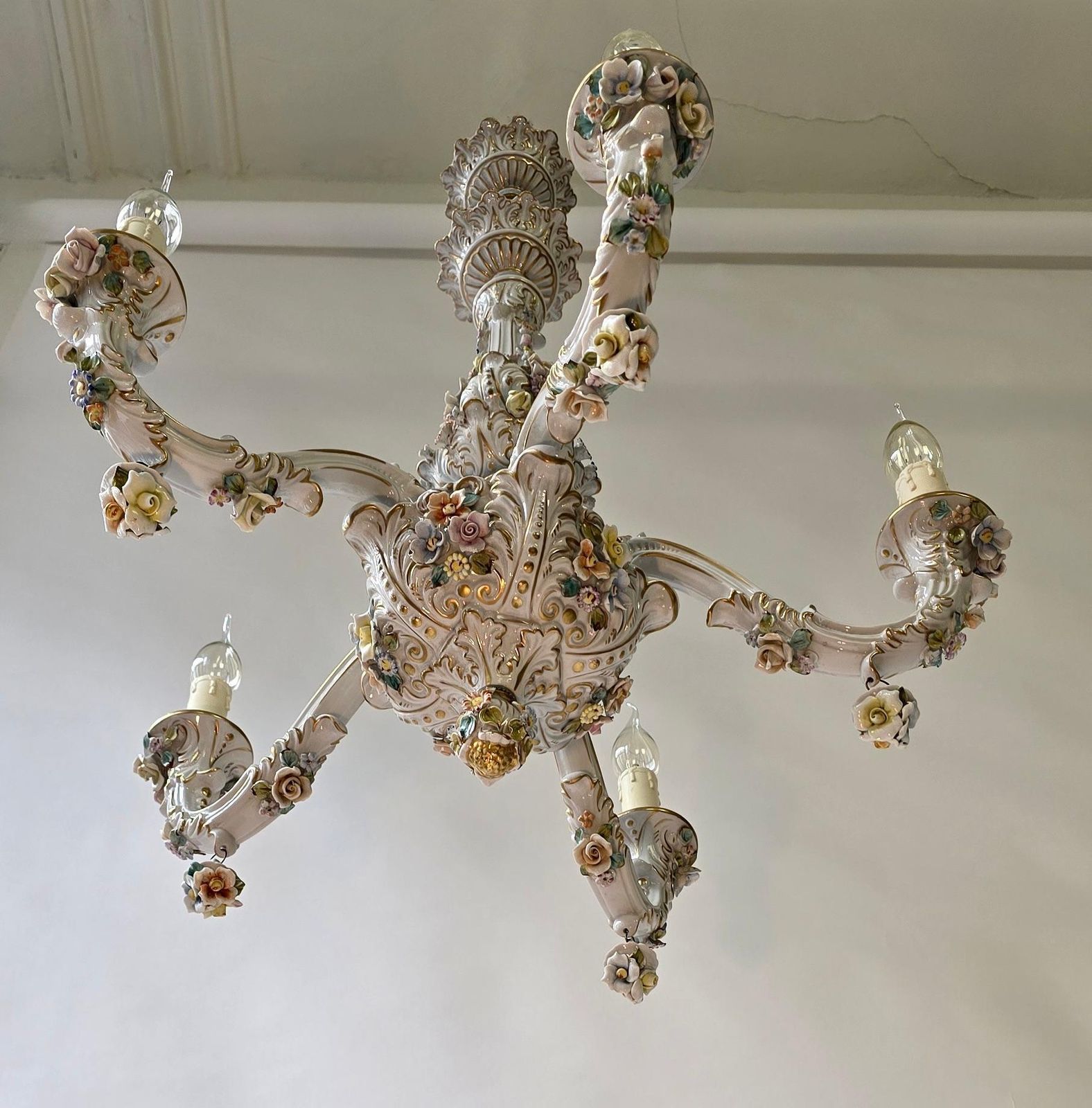 Italian Porcelain Chandelier With Hand Painted Floral Details photo for sale