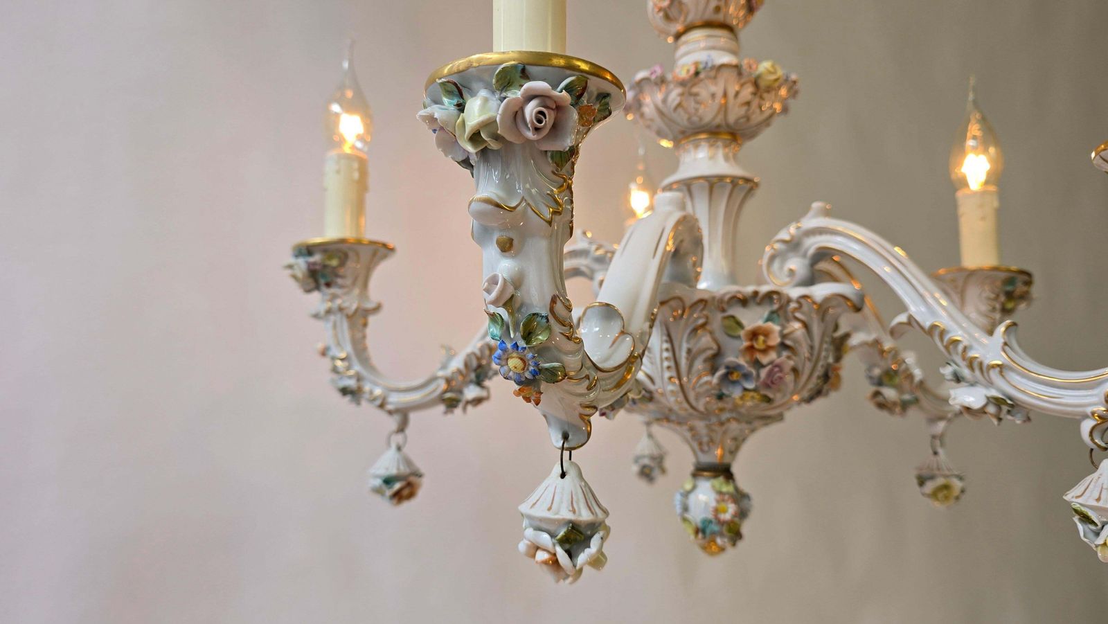 Lighting Italian Porcelain Chandelier With Hand Painted Floral Details photo