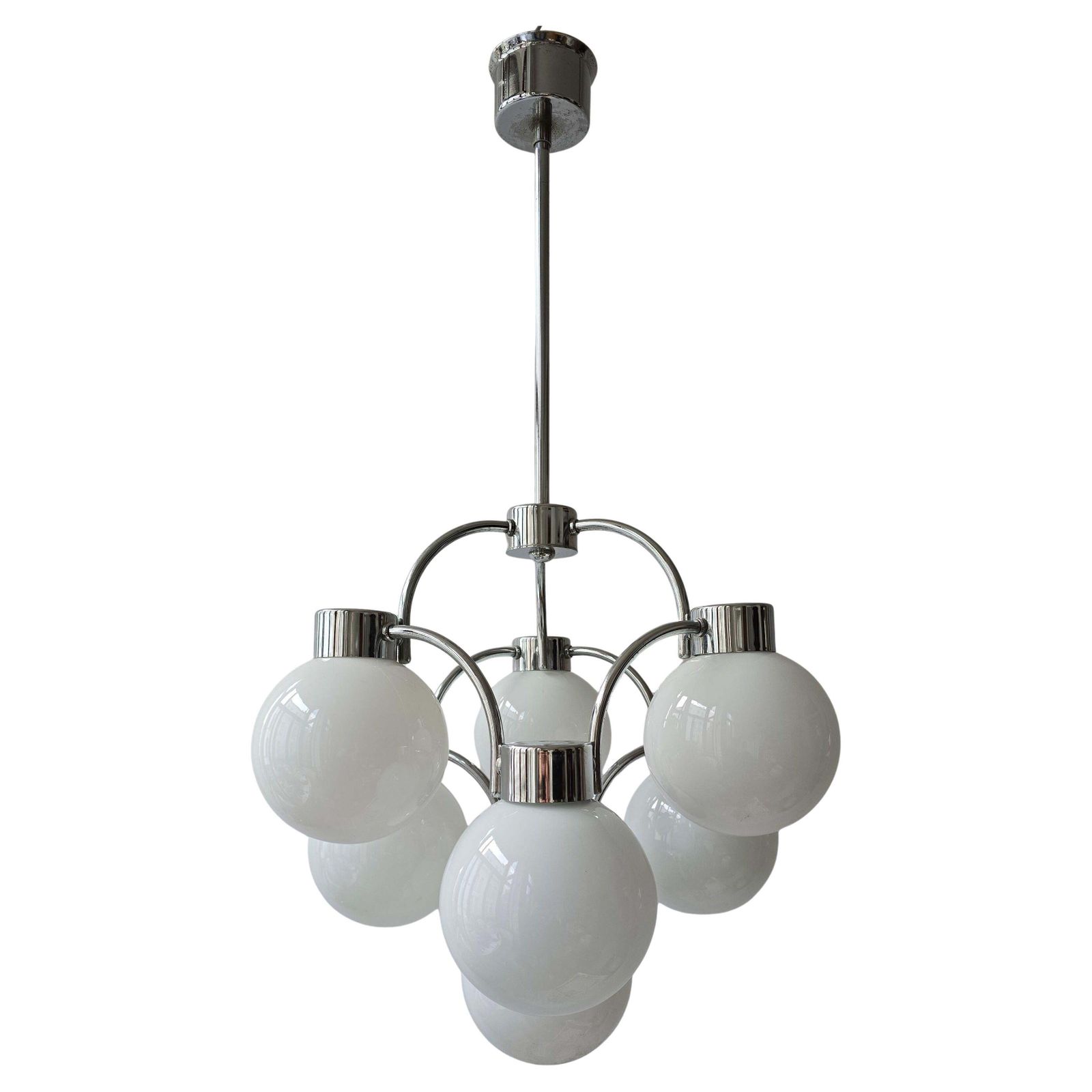 Mid Century Modern Chandelier In Chrome & Milk Glass
