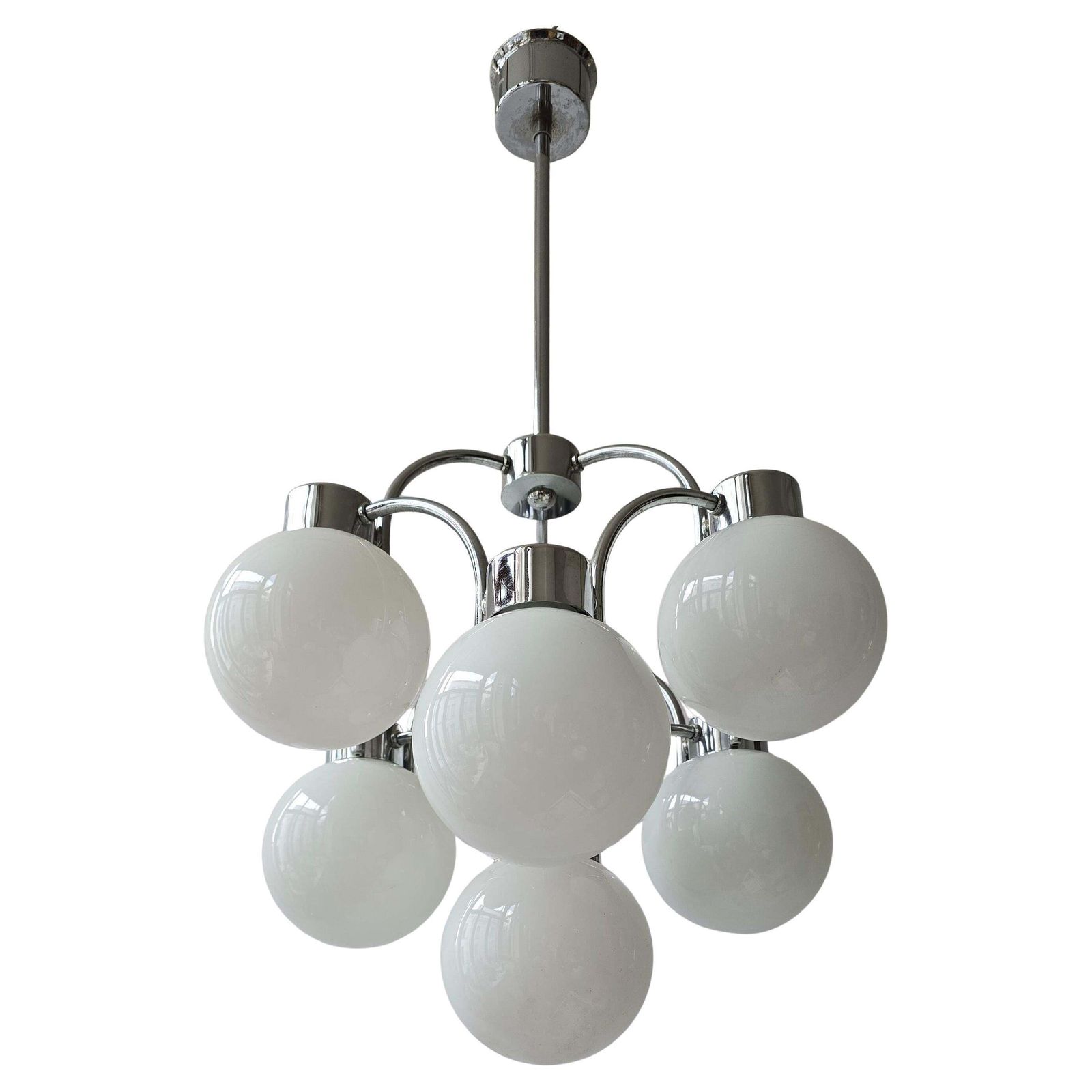 Mid Century Modern Chandelier In Chrome & Milk Glass photo furniture