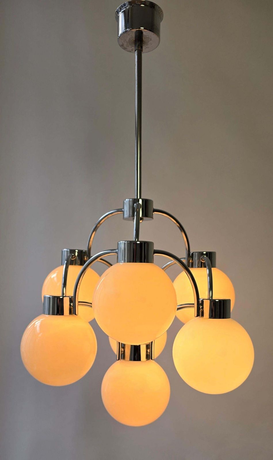 Mid Century Modern Chandelier In Chrome & Milk Glass photo buy