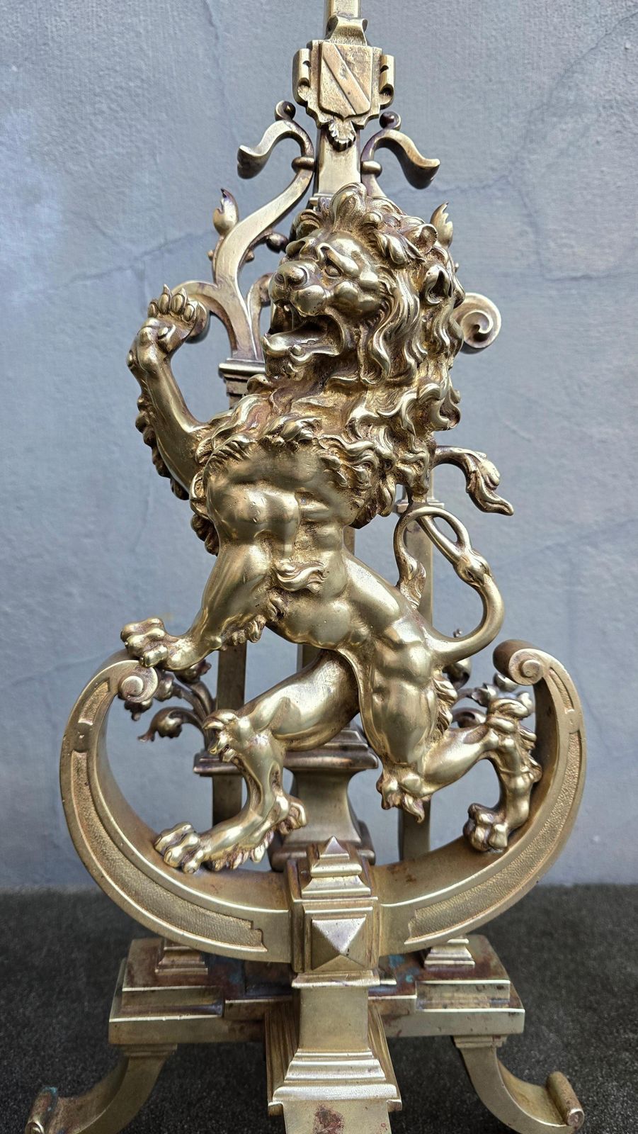 Antique Bronze Fireplace Set With Majestic Lion Chenets Andirons photo buy