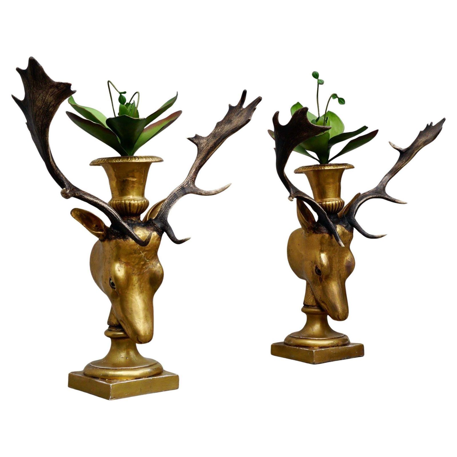 Beautiful Pair Of Golden Deer Heads With Antlers And Flower Pots