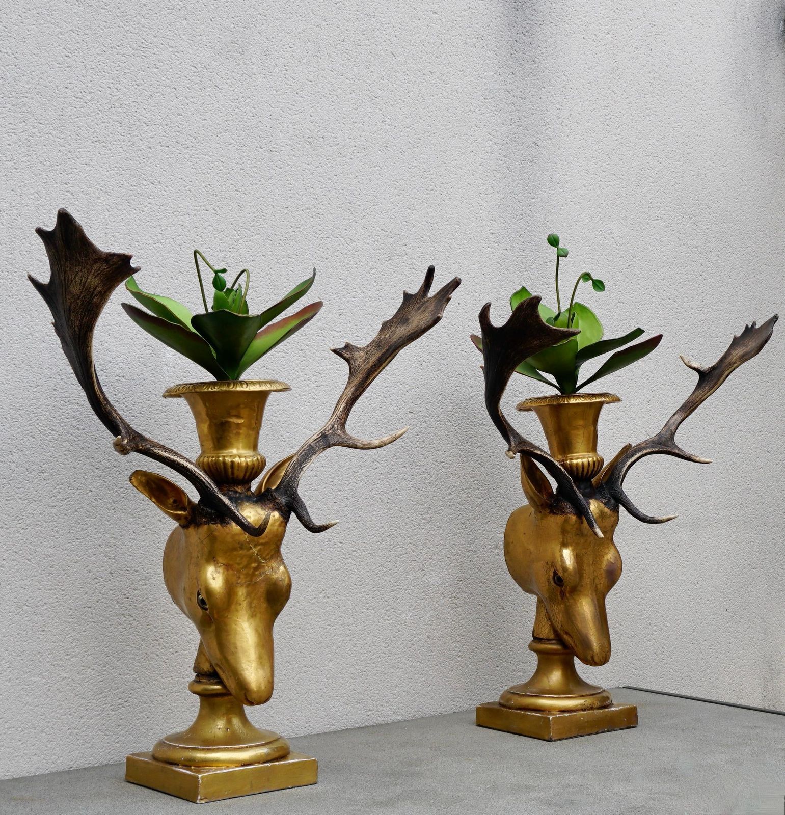 Beautiful Pair Of Golden Deer Heads With Antlers And Flower Pots photo furniture