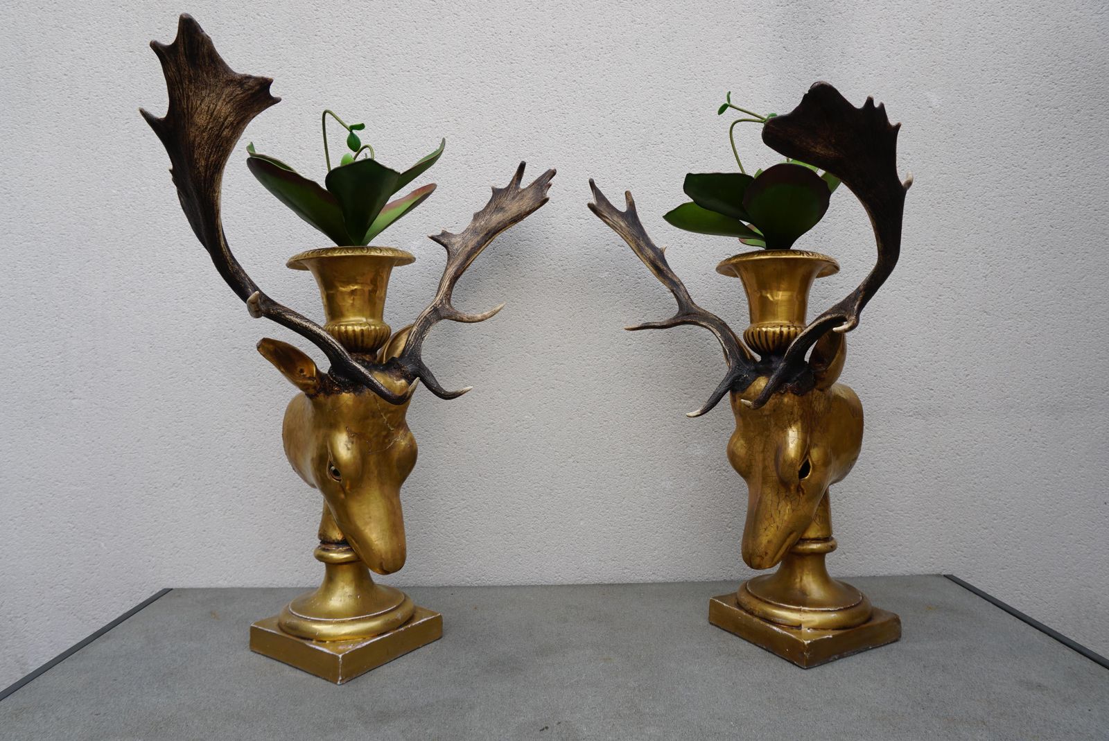 Beautiful Pair Of Golden Deer Heads With Antlers And Flower Pots photo vinterior