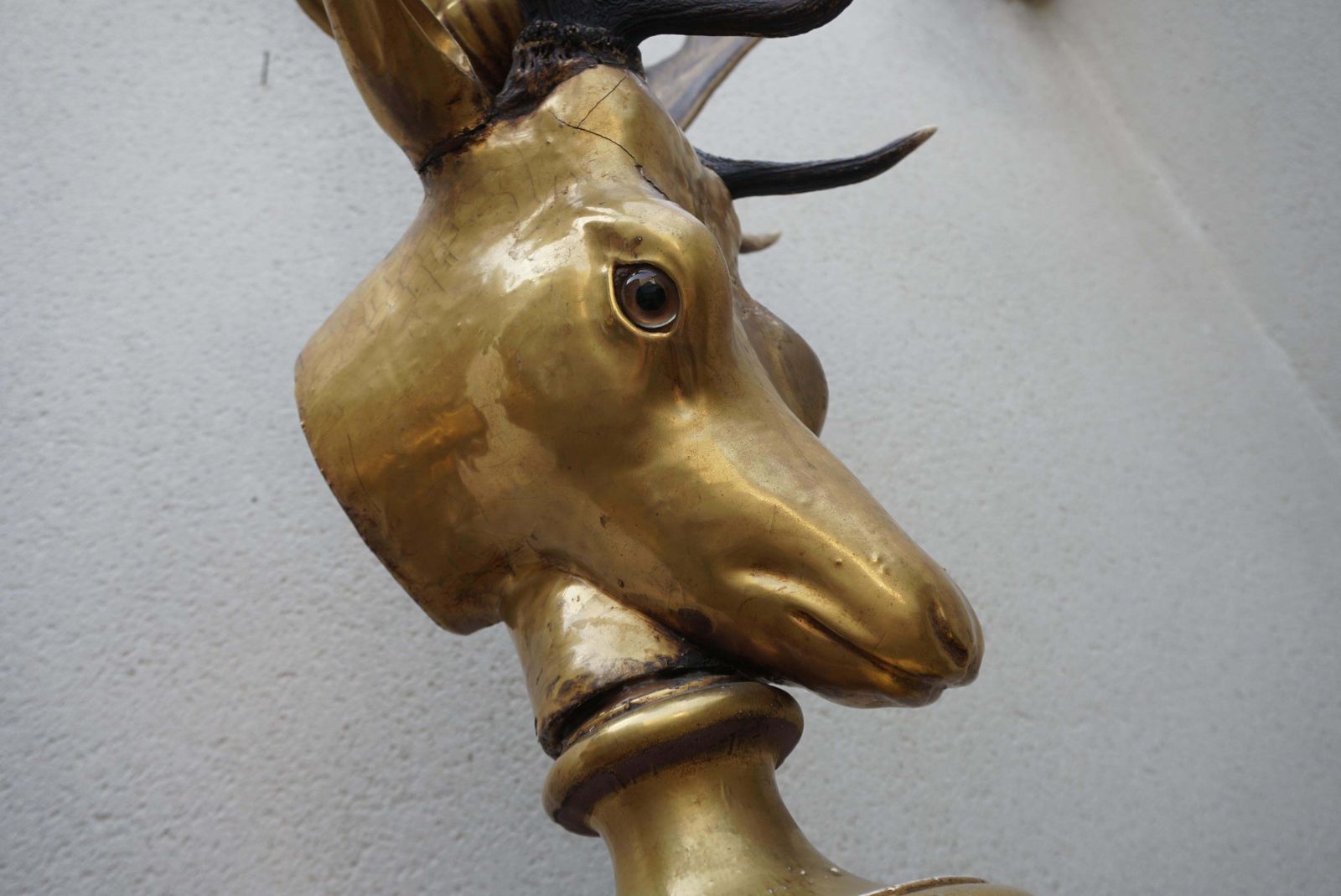 photo vintage Beautiful Pair Of Golden Deer Heads With Antlers And Flower Pots