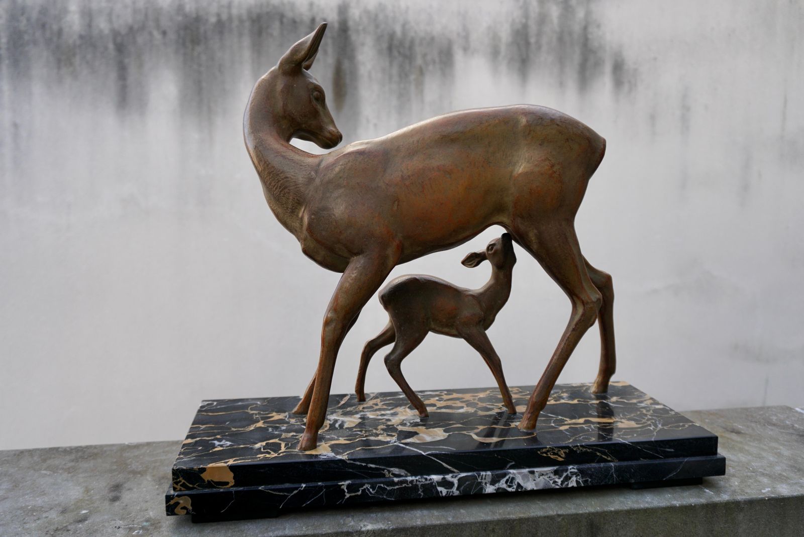 Art Deco Bronze Depicting A Doe And Its Fawn On A Black Marble Base photo Art