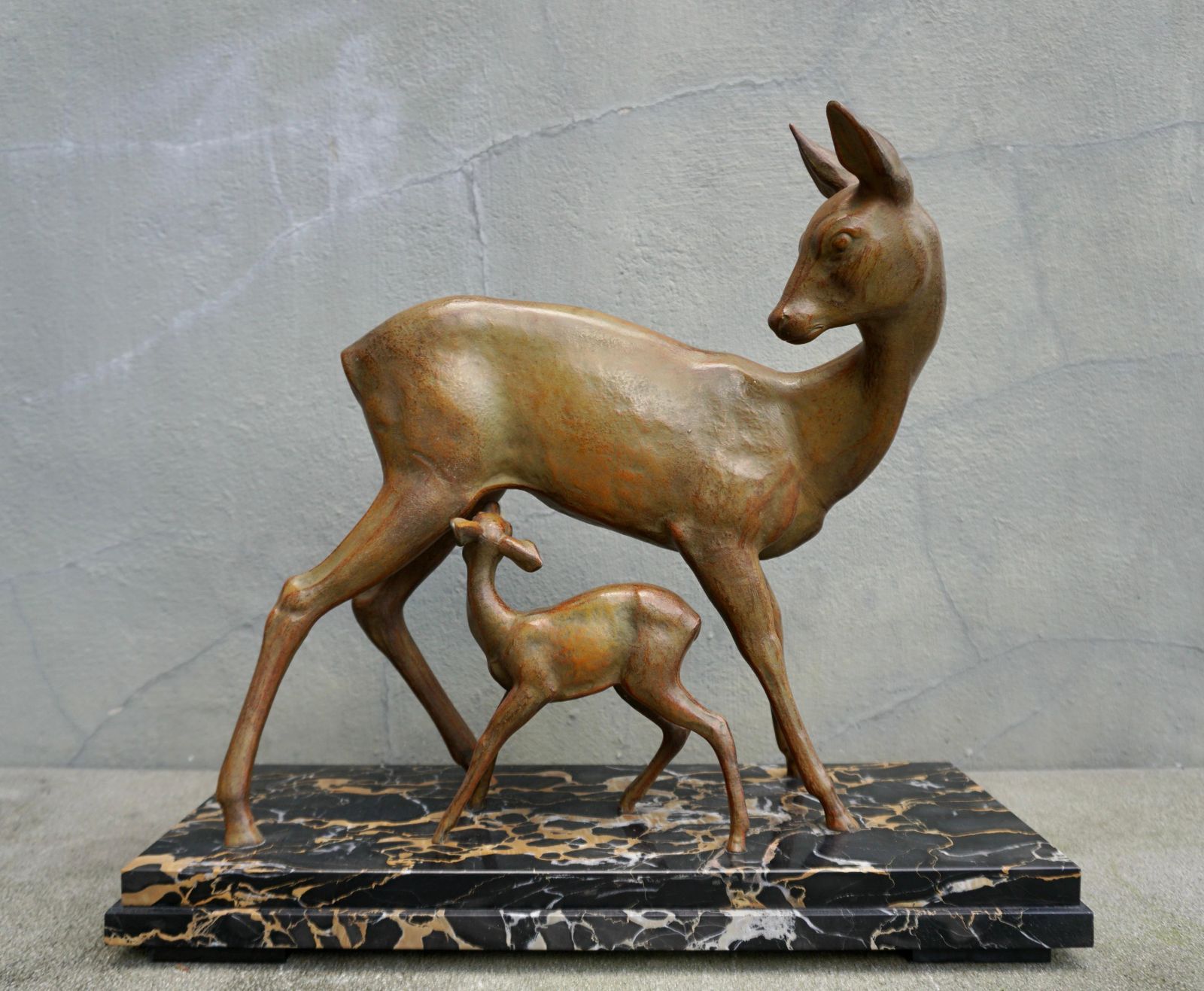 Art Deco Bronze Depicting A Doe And Its Fawn On A Black Marble Base photo 1587.0