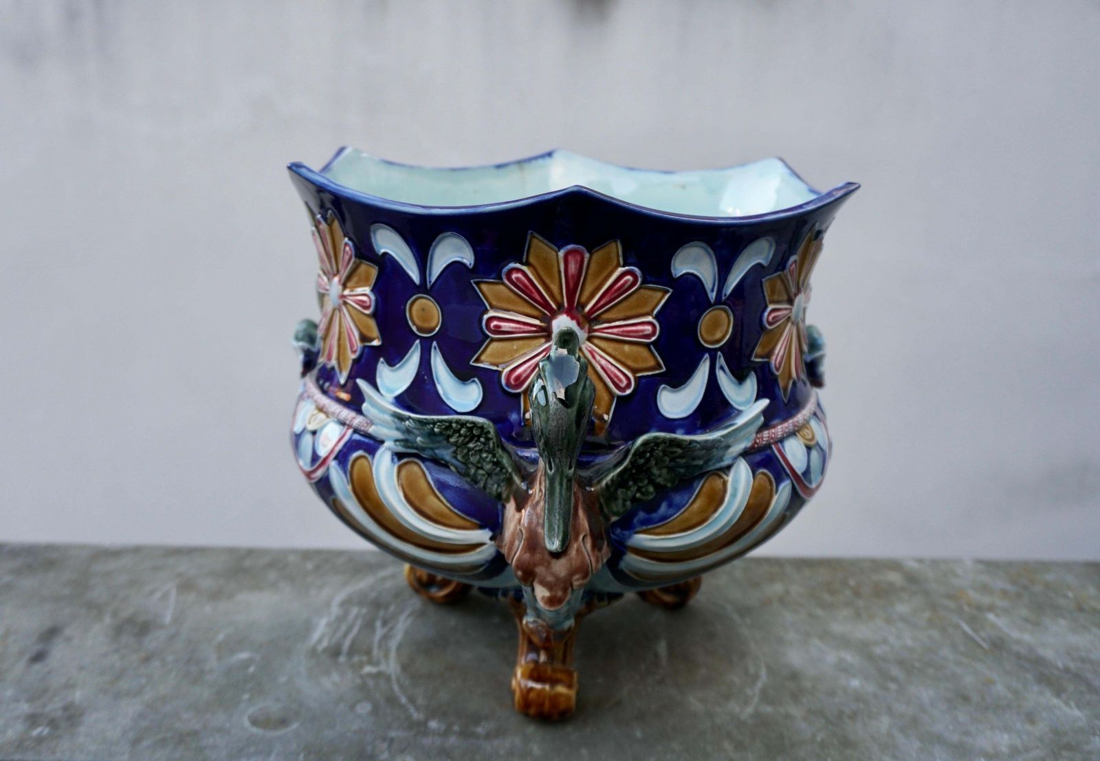 Rare Antique French Majolica Planter Jardiniere With Winged Griffins And Flowers photo Home Decor