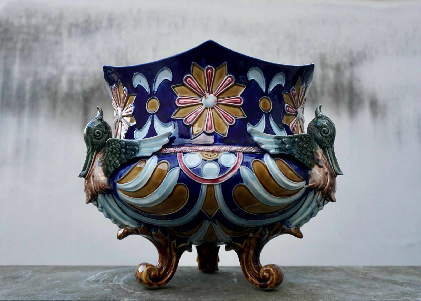 Rare Antique French Majolica Planter Jardiniere With Winged Griffins And Flowers photo vinterior
