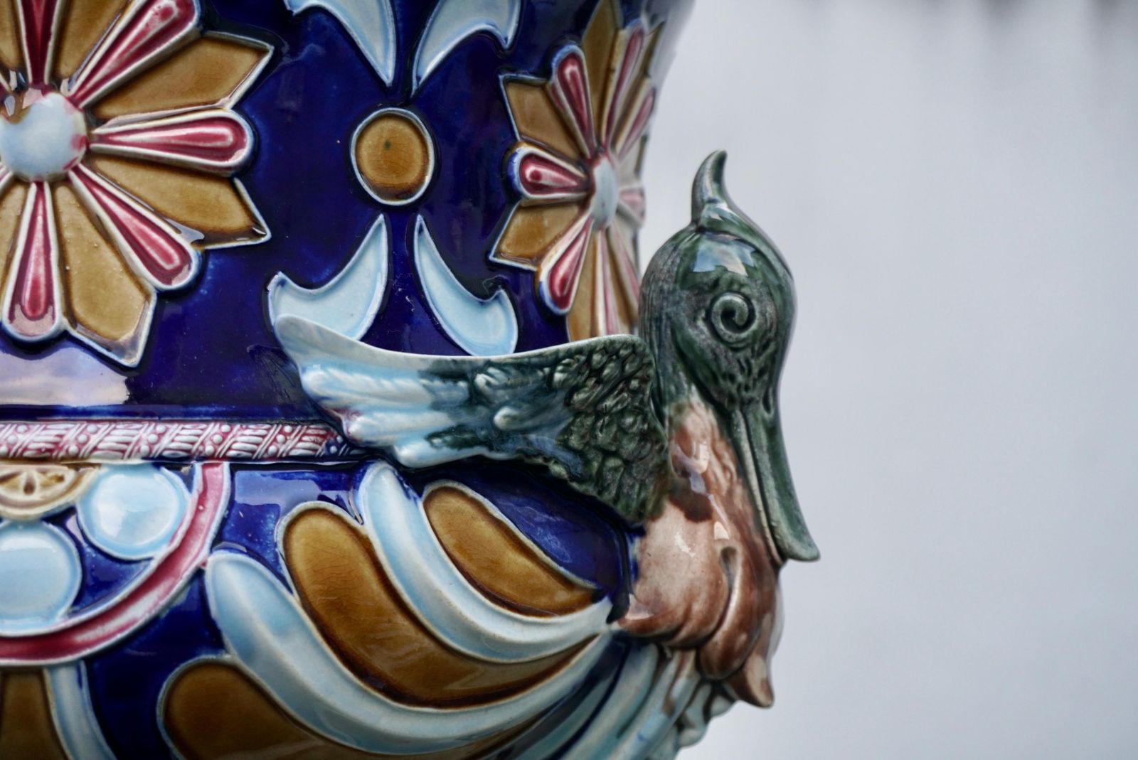 Rare Antique French Majolica Planter Jardiniere With Winged Griffins And Flowers photo vintage