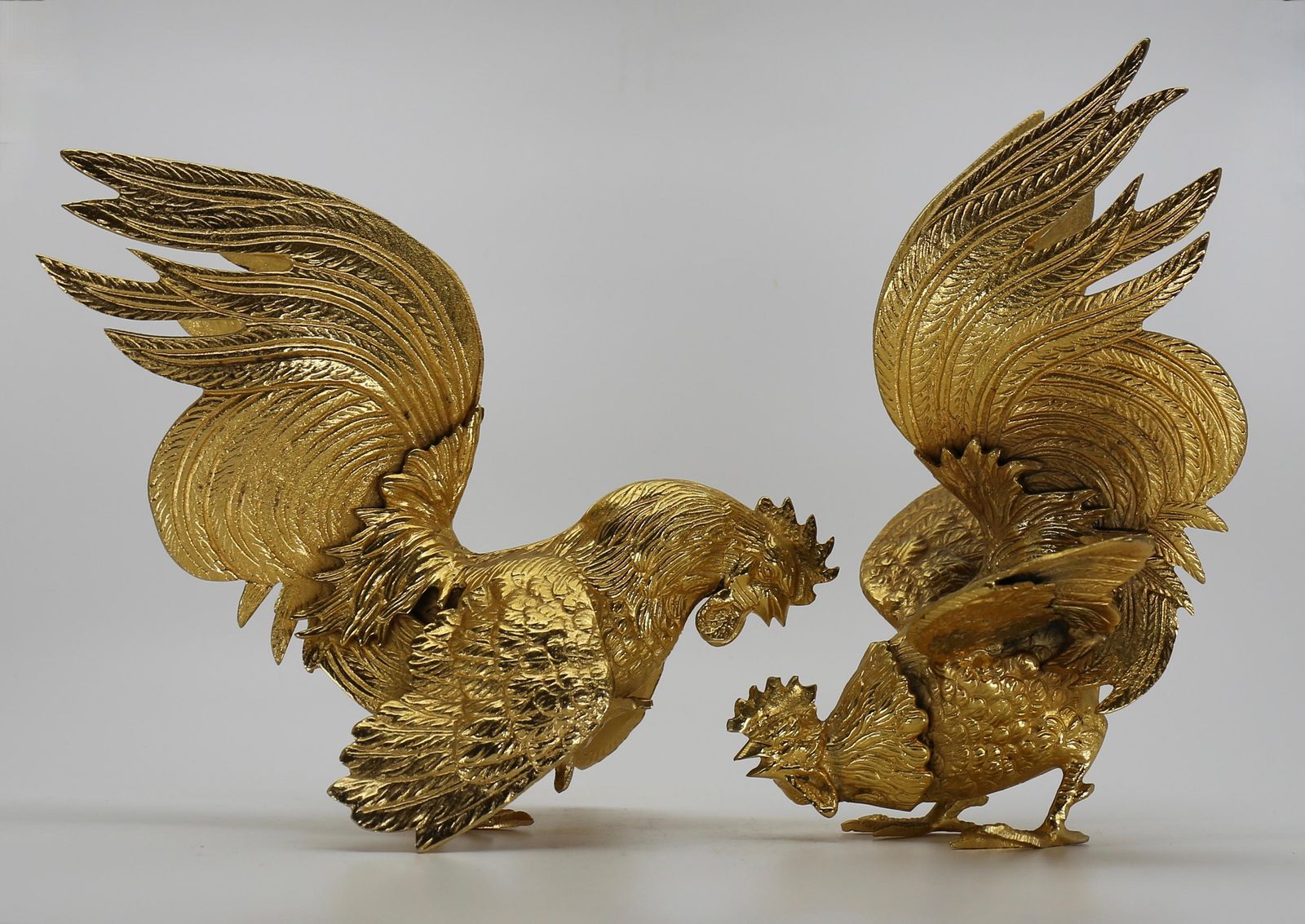 Majestic Gilt Brass Rooster Sculpture Figure, Set 2, France, 1970s photo for sale