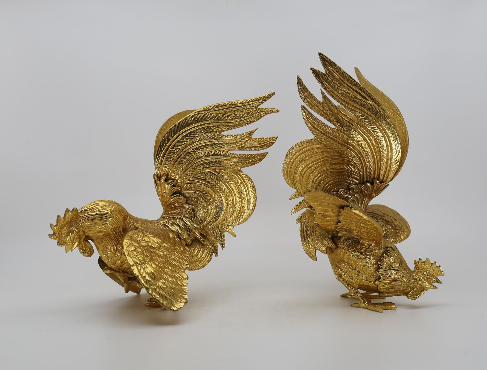 Majestic Gilt Brass Rooster Sculpture Figure, Set 2, France, 1970s photo 558.0