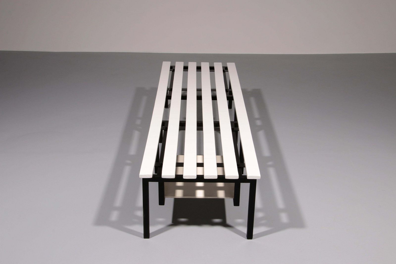 Elegant Vintage White Wooden Bench With Black Metal Frame – A Timeless Design photo Garden Furniture