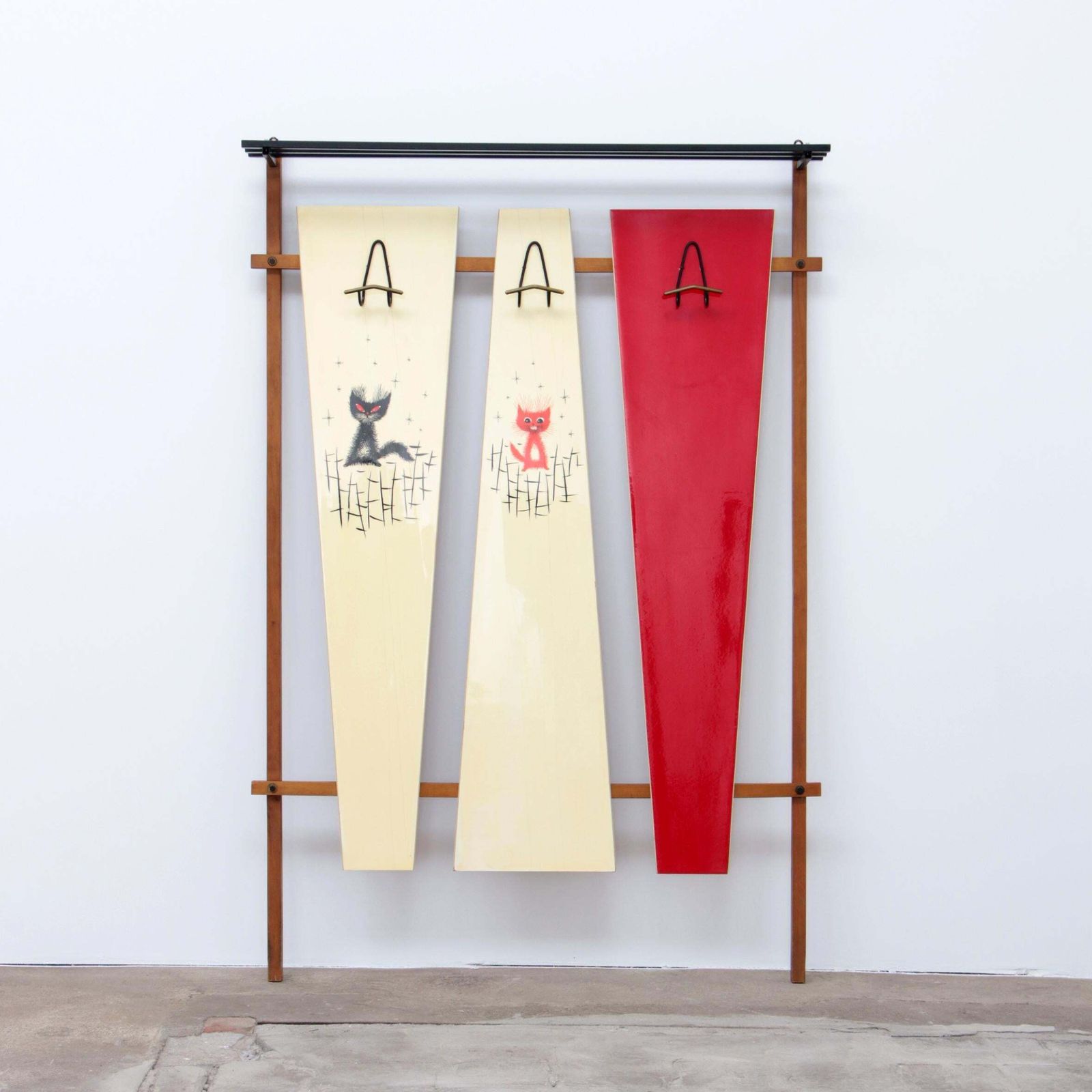 Italian Wall Coat Rack With Red Cats, Cream And Hat Rack, 1960 photo furniture