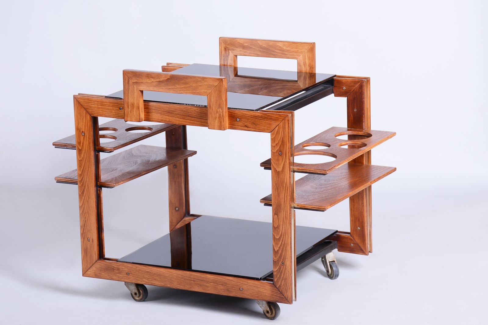 Restored Art Deco Trolley, Beech, Brass, Opaline Glass, New Polish, Czech, 1950s
