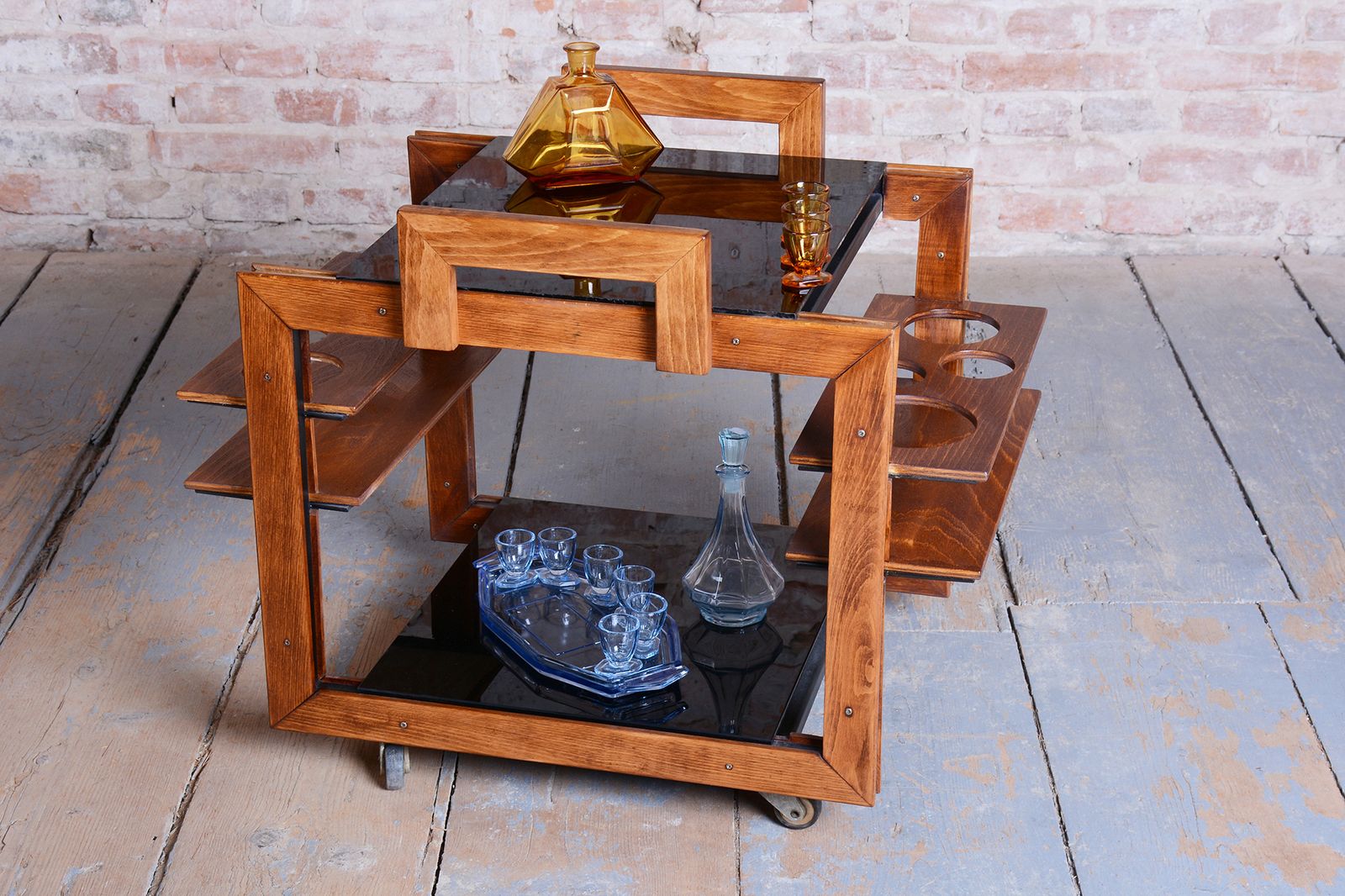 photo buy Restored Art Deco Trolley, Beech, Brass, Opaline Glass, New Polish, Czech, 1950s
