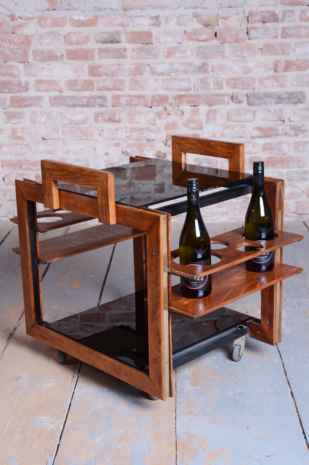 photo vintage Restored Art Deco Trolley, Beech, Brass, Opaline Glass, New Polish, Czech, 1950s