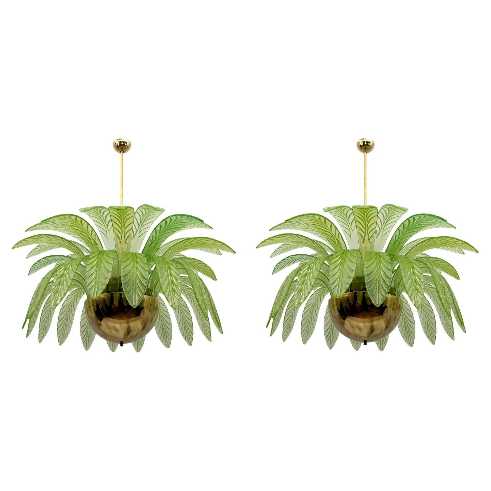 Pair Of Large Mouth Blown Murano Glass Chandeliers, 38 Blue Murano Glass Leaves
