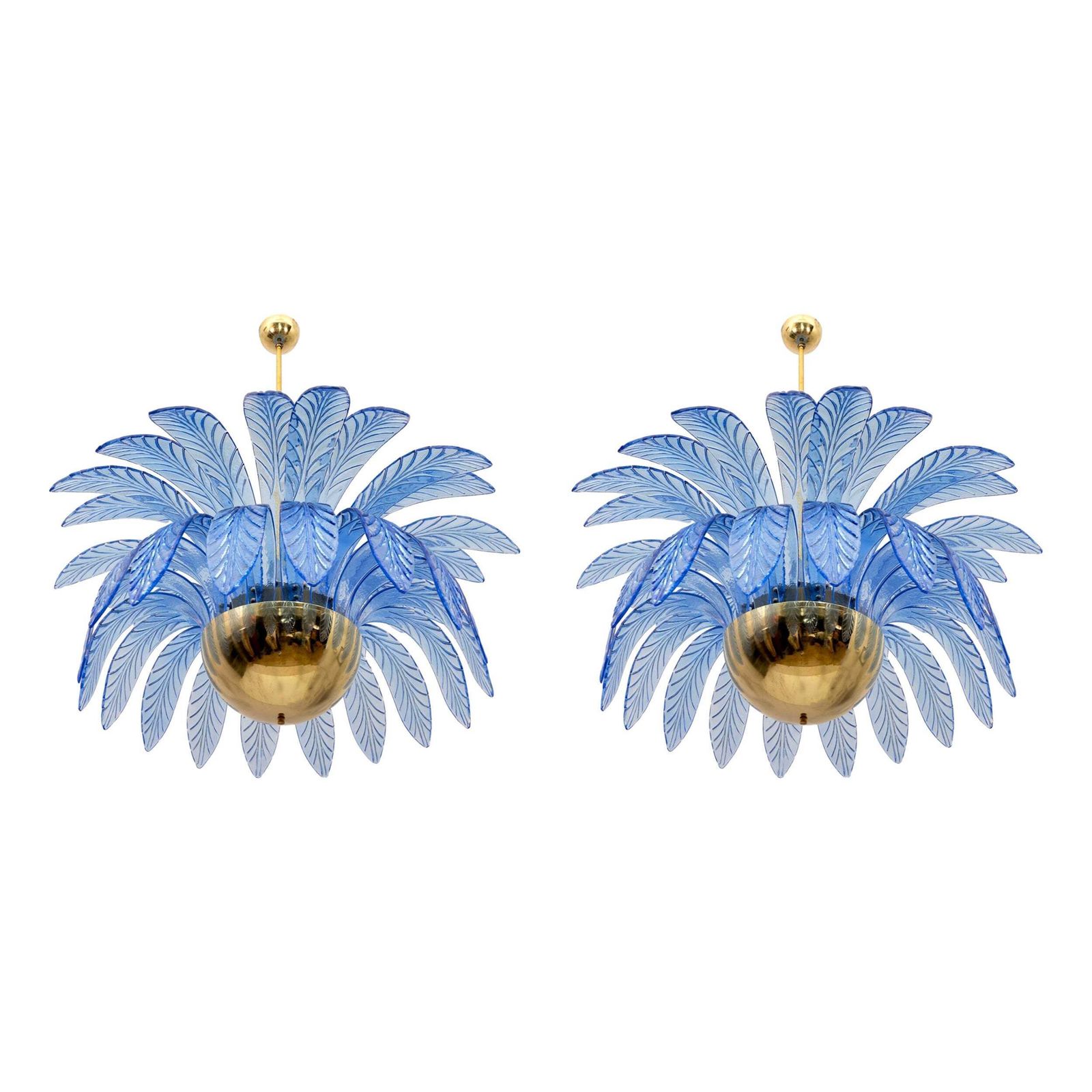 Pair Of Mid Century Modern Palm Leaves Big Chandelier Murano Glass And Brass
