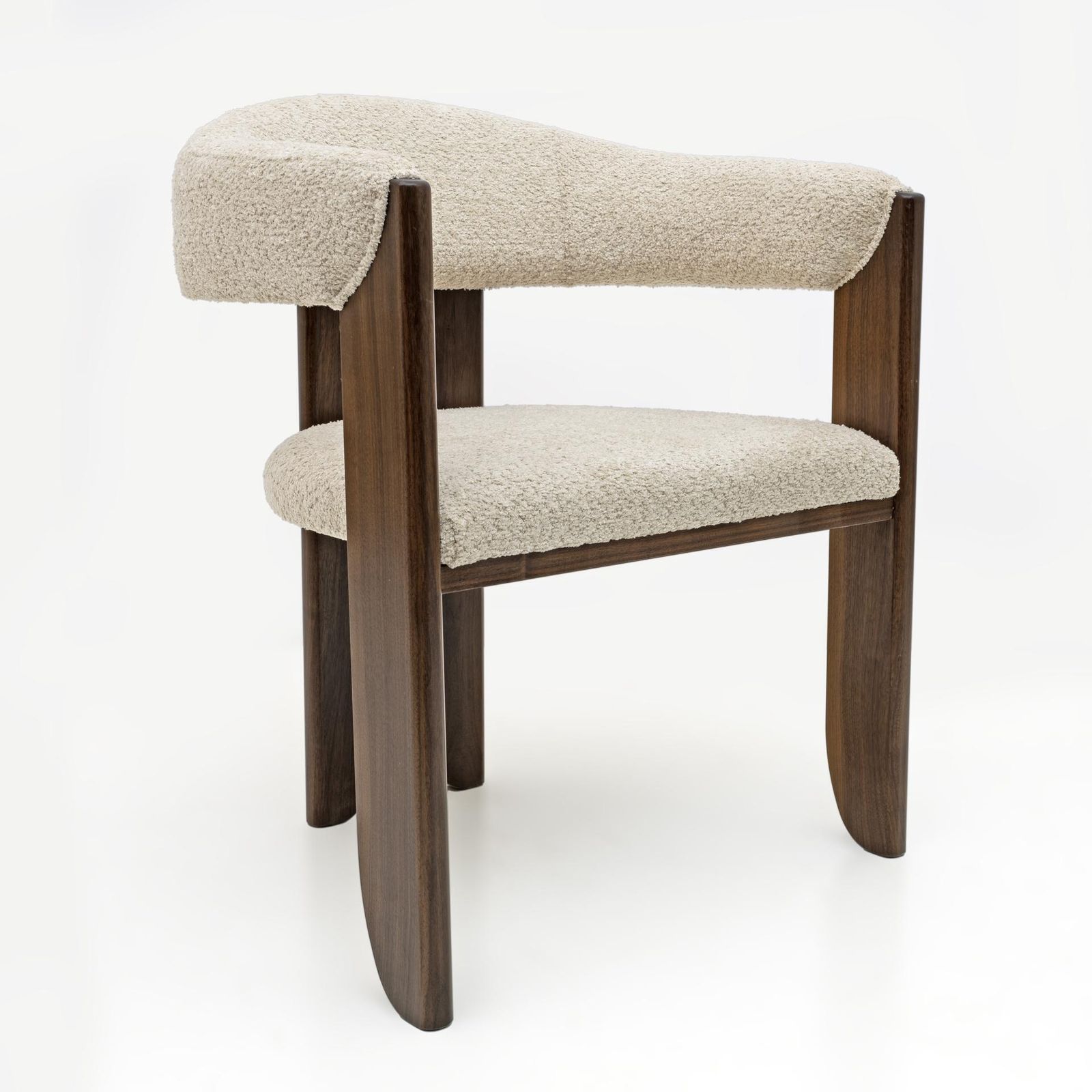 Eight Mid Century Modern Italian Bouclè And Walnut Dining Chairs, 1970s photo vinterior