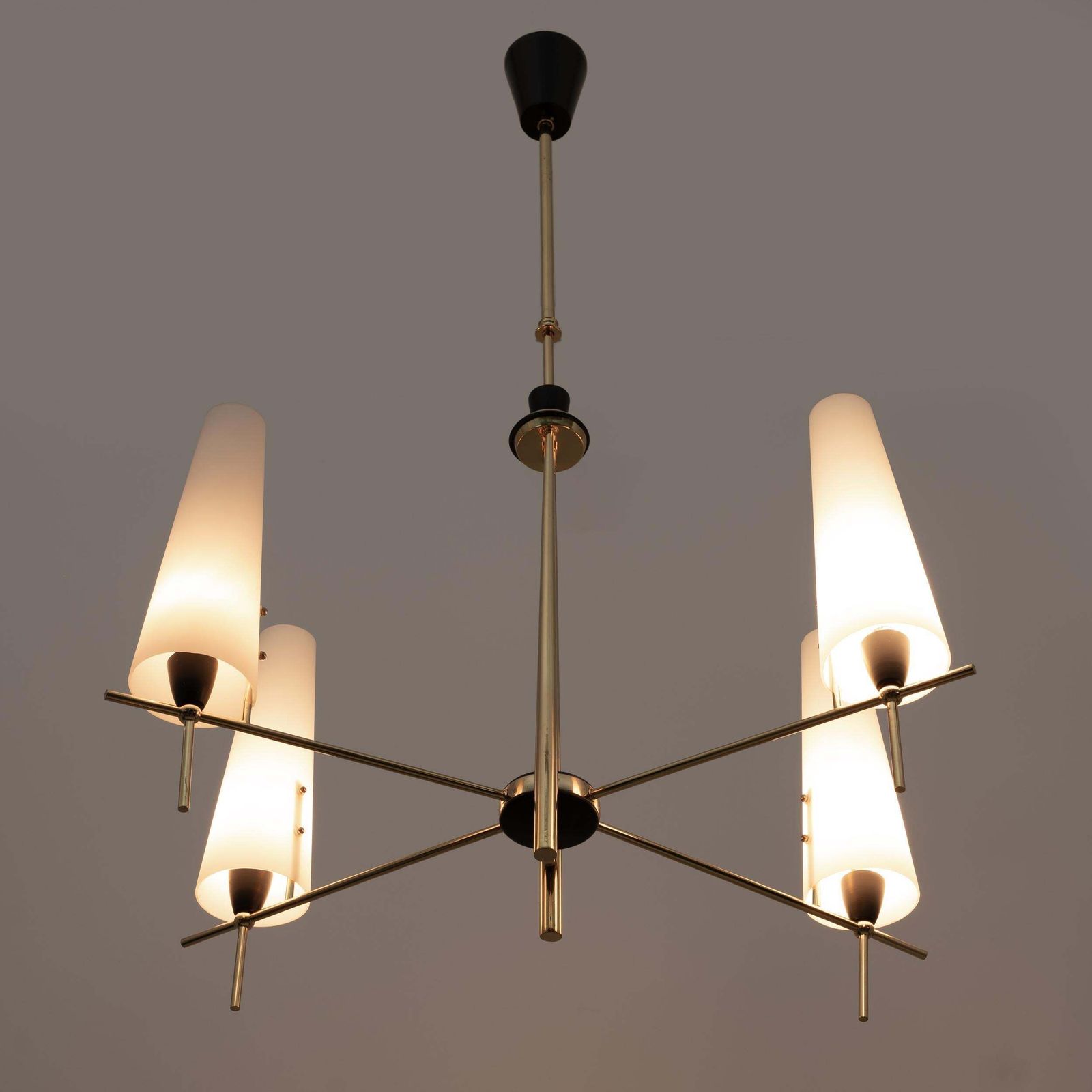 Stilnovo Style Mid Century Modern Italian Brass And Opaline Glass Chandelier 60s photo furniture