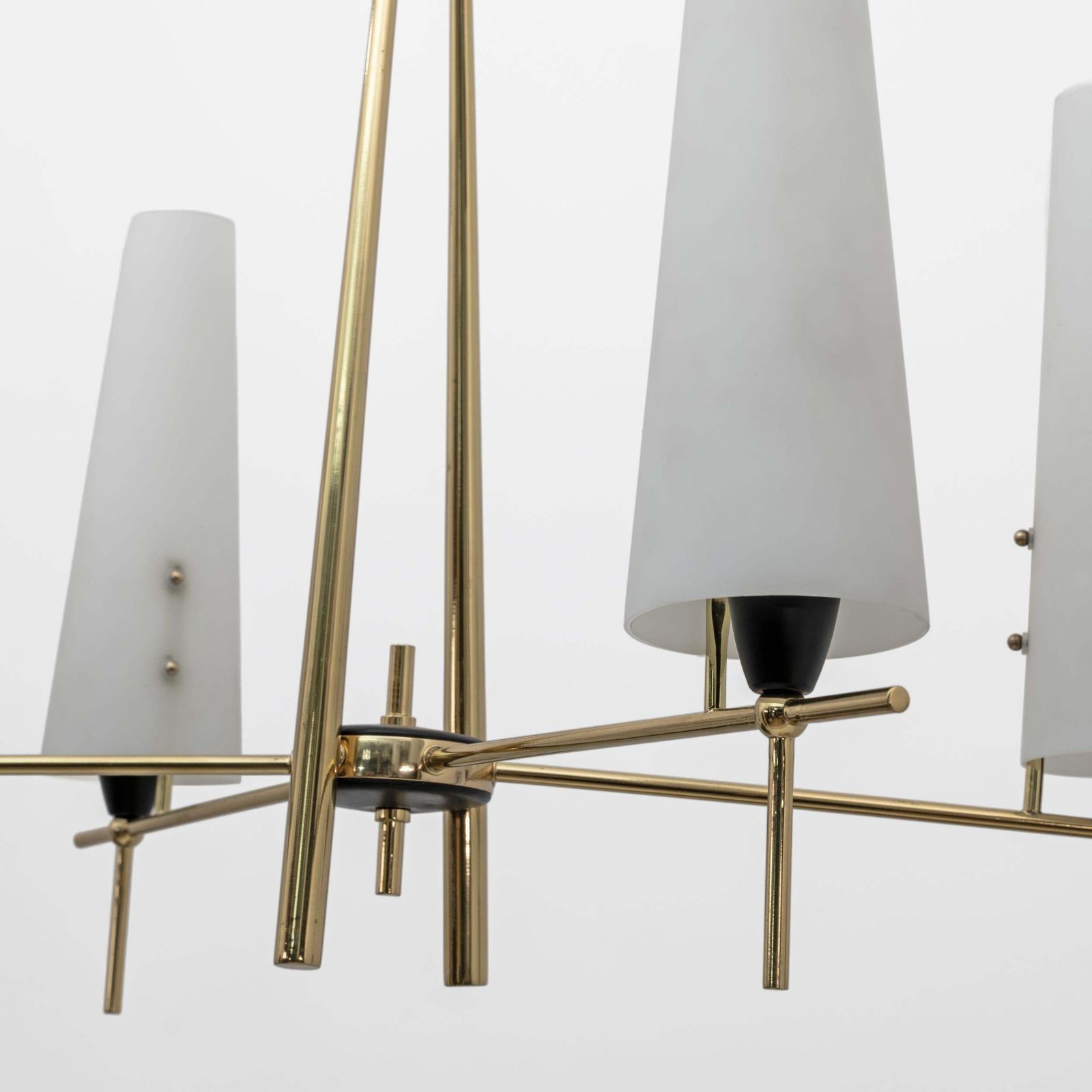 Stilnovo Style Mid Century Modern Italian Brass And Opaline Glass Chandelier 60s photo for sale