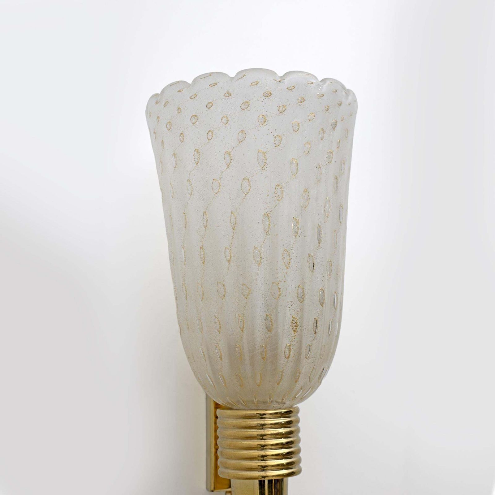 Pair Of Mid Century Modern Italian Brass And Pulegoso Murano Glass Sconces photo buy