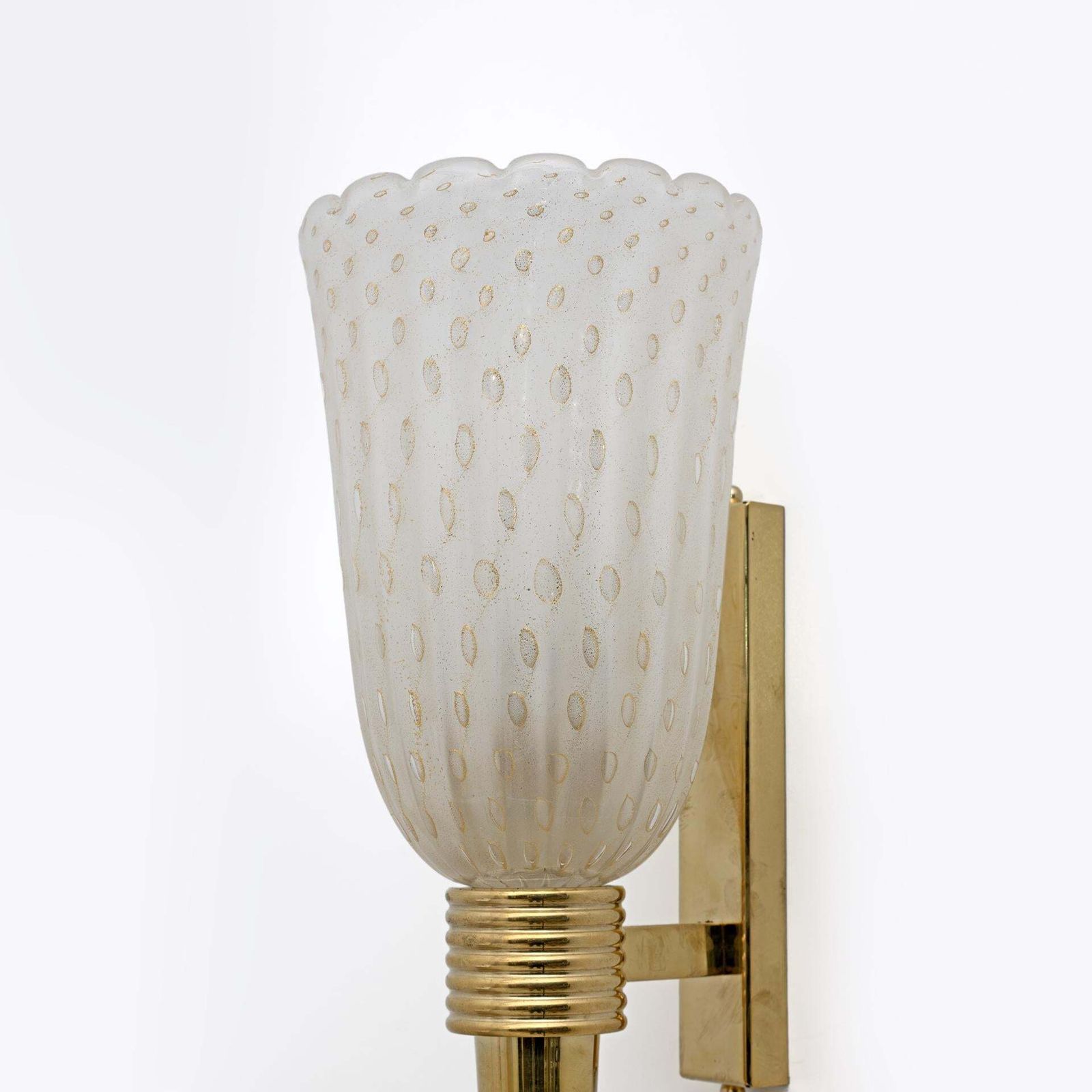 Pair Of Mid Century Modern Italian Brass And Pulegoso Murano Glass Sconces photo vintage