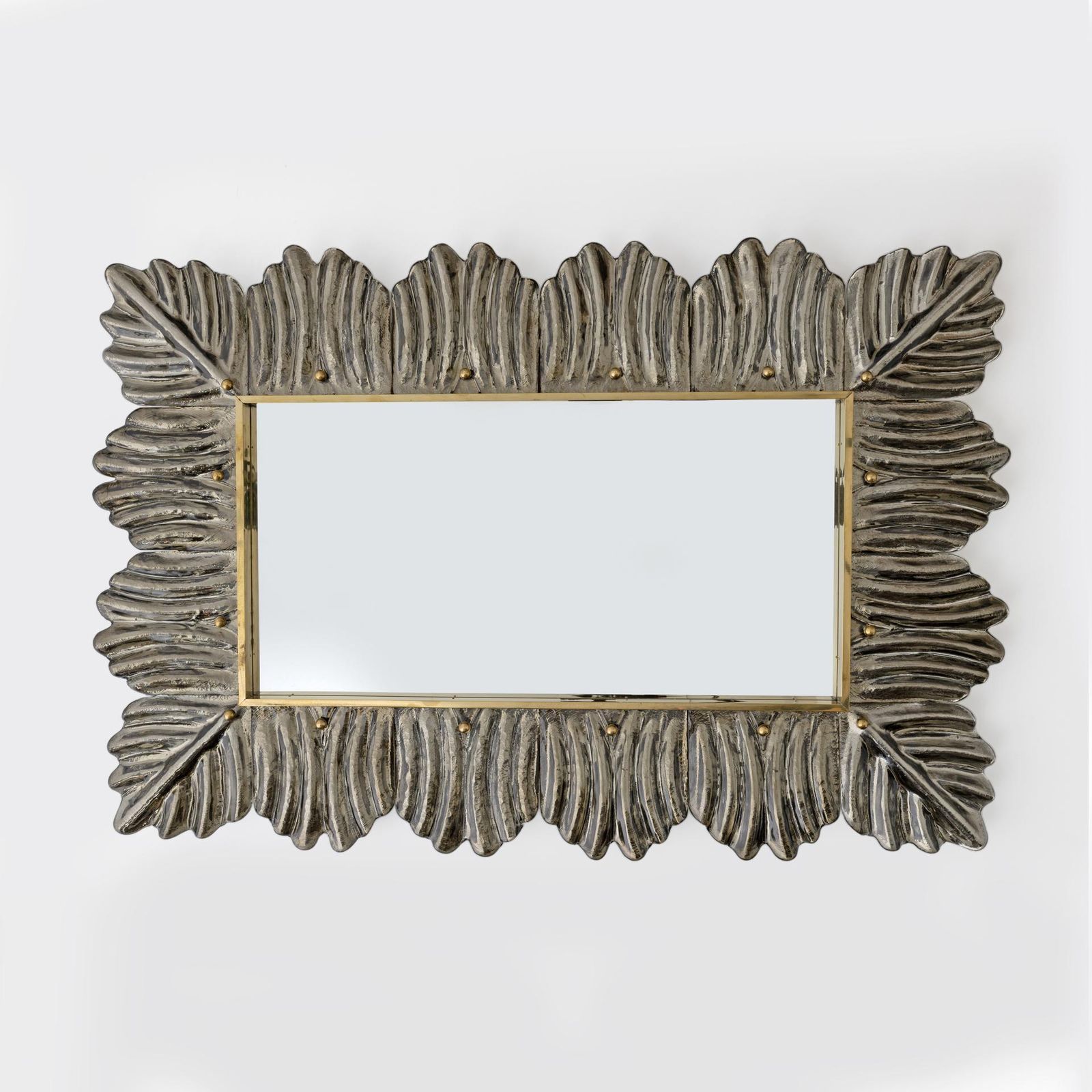 Mid Century Modern Italian Brass And Leaves Murano Glass Wall Mirror photo for sale