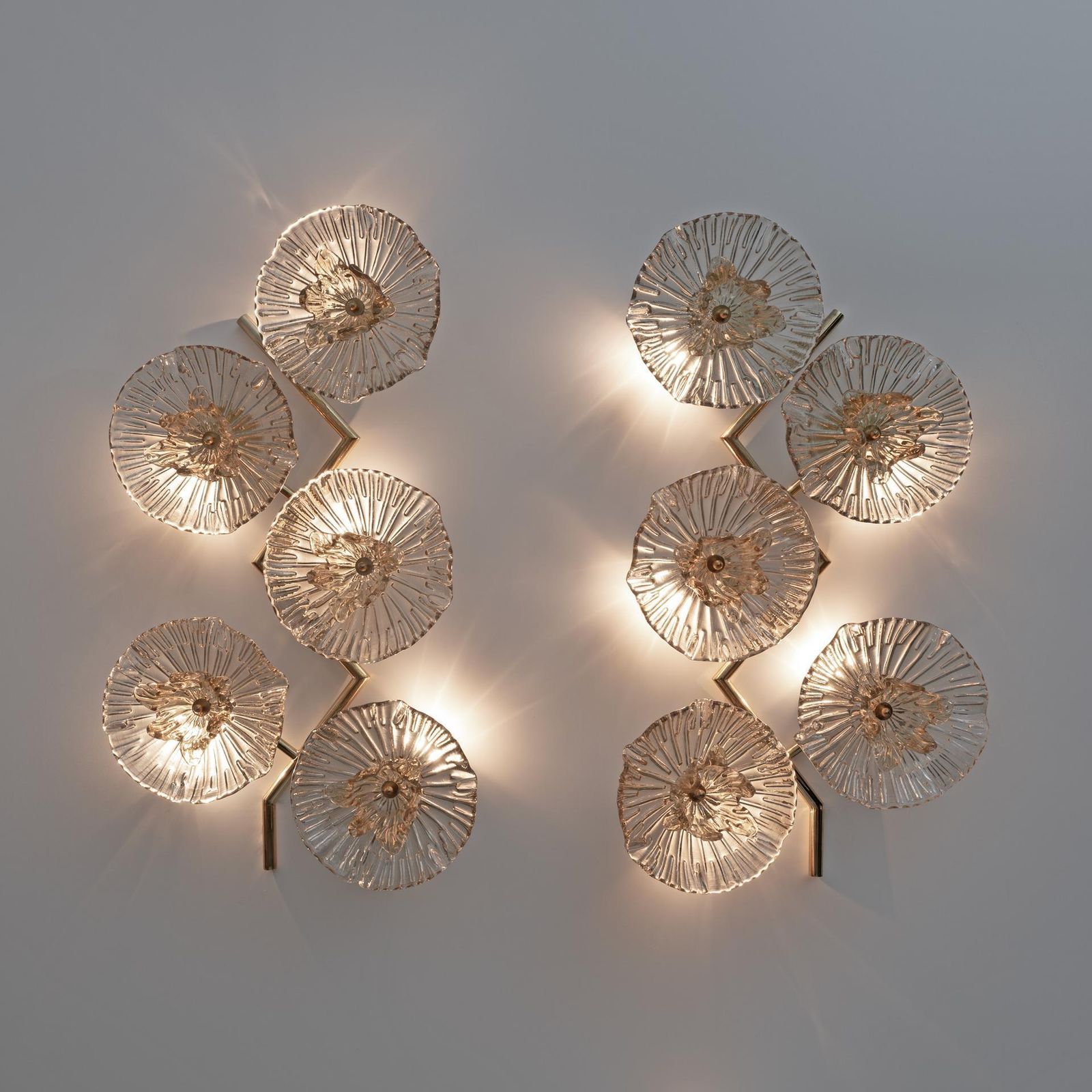Pair Of Modern Italian Murano Glass And Brass Flowers Wall Lamps photo for sale