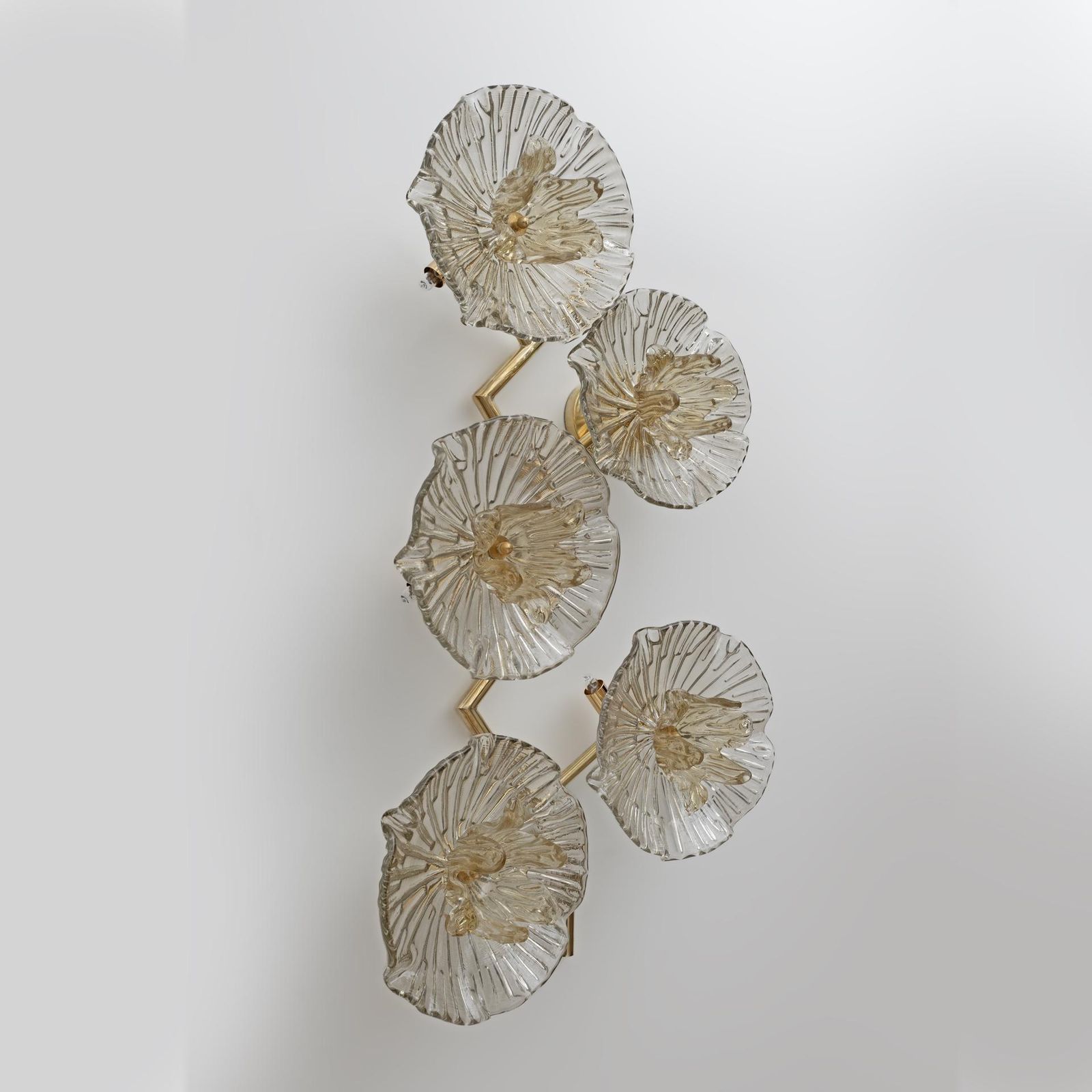 Pair Of Modern Italian Murano Glass And Brass Flowers Wall Lamps photo vintage