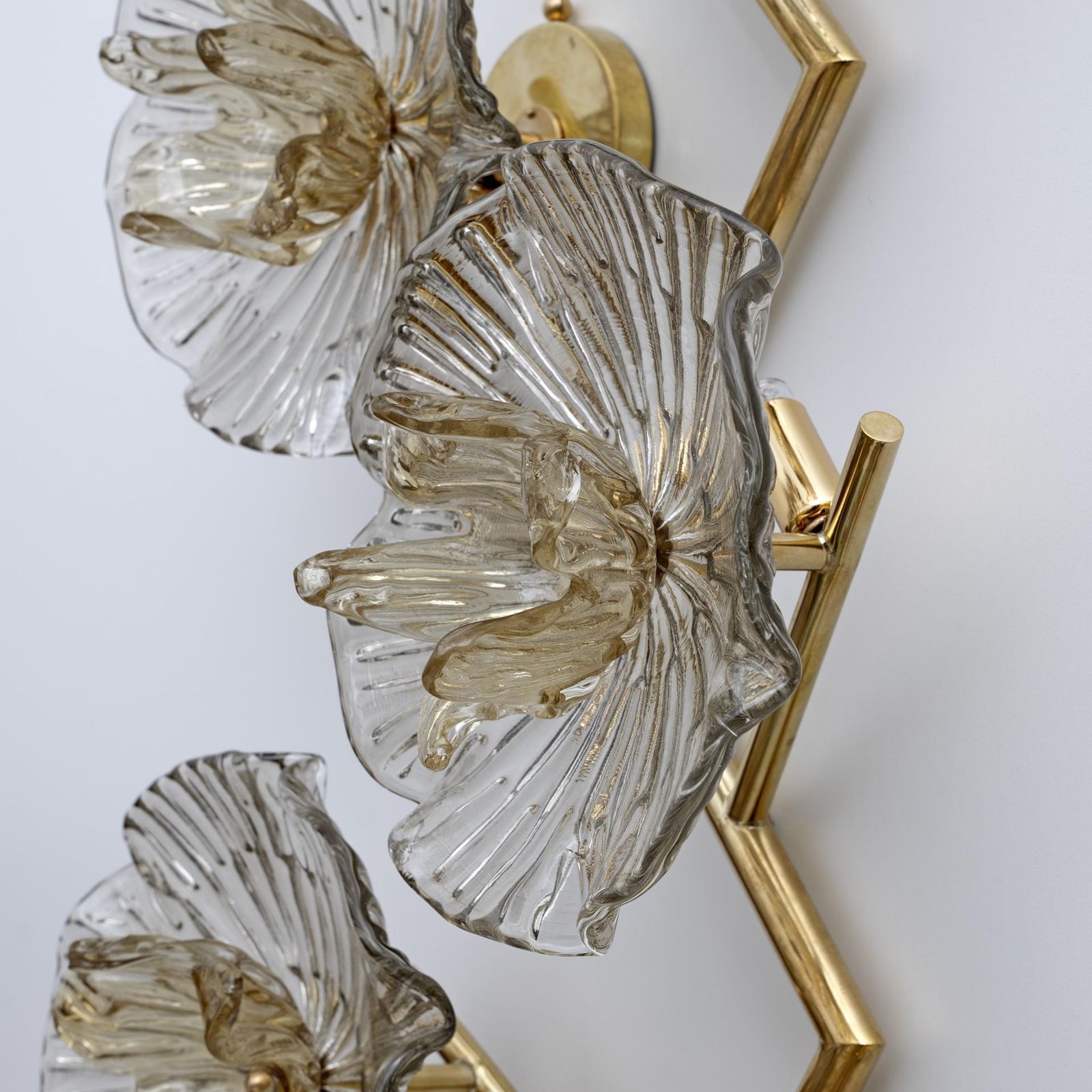photo furniture Pair Of Modern Italian Murano Glass And Brass Flowers Wall Lamps