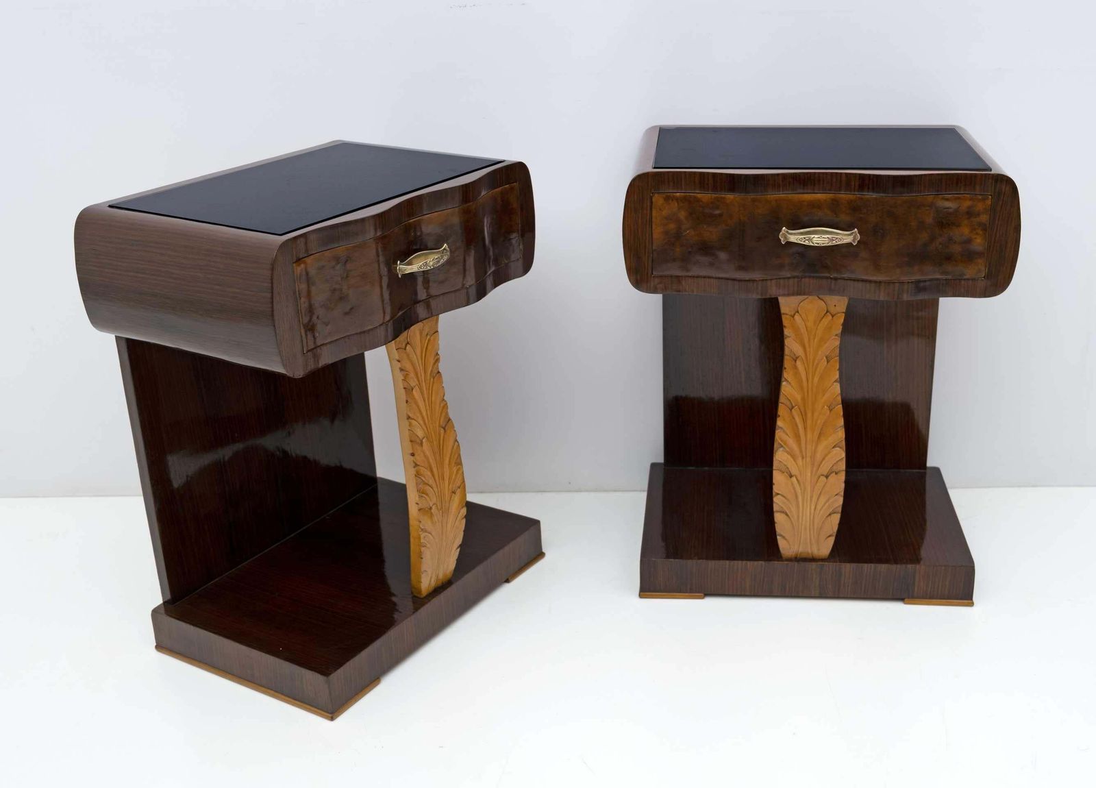 Pair Of Art Deco Italian Walnut Briar And Maple Bedside Tables, 1920s photo for sale