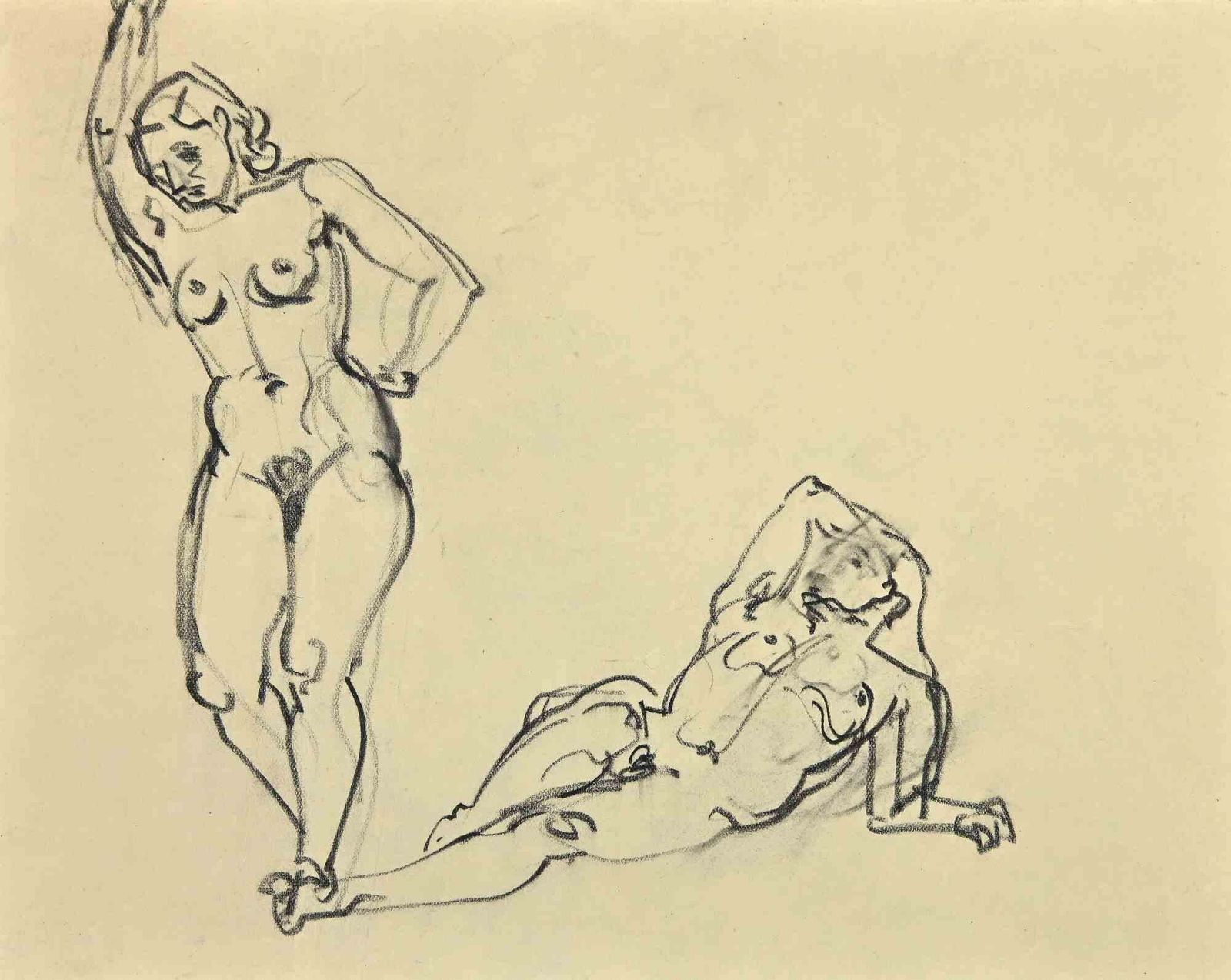 Georges Henri Triboutposing  Nudes   Charcoal Drawing By George Henri Tribout   19501950