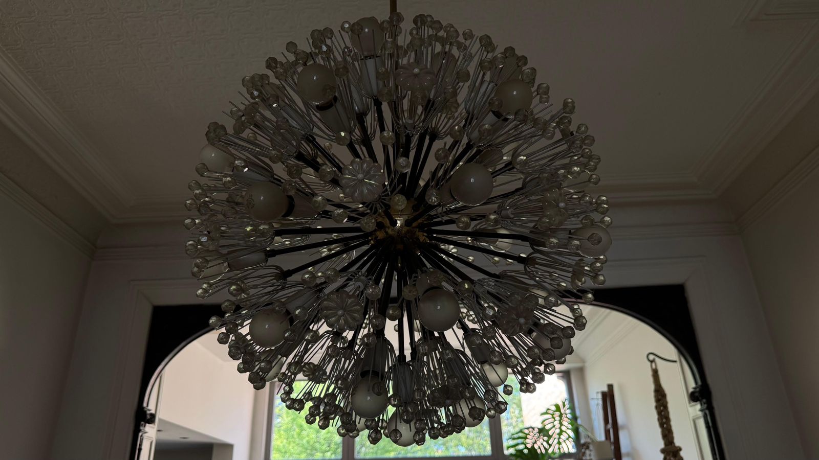 Large Oval Stejnar Flower Glass & Brass Chandelier, Austria, 1950s photo vinterior