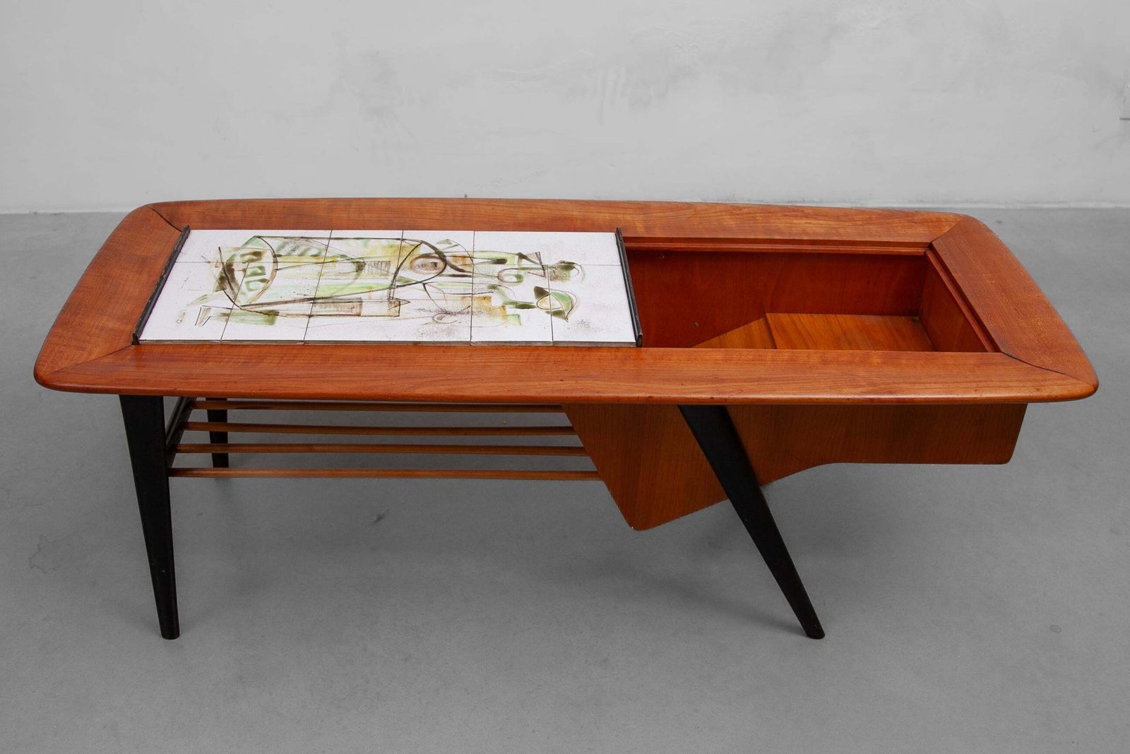 1958 Alfred Hendricks Coffee Bar Table With Figurative Tiles Tray photo for sale