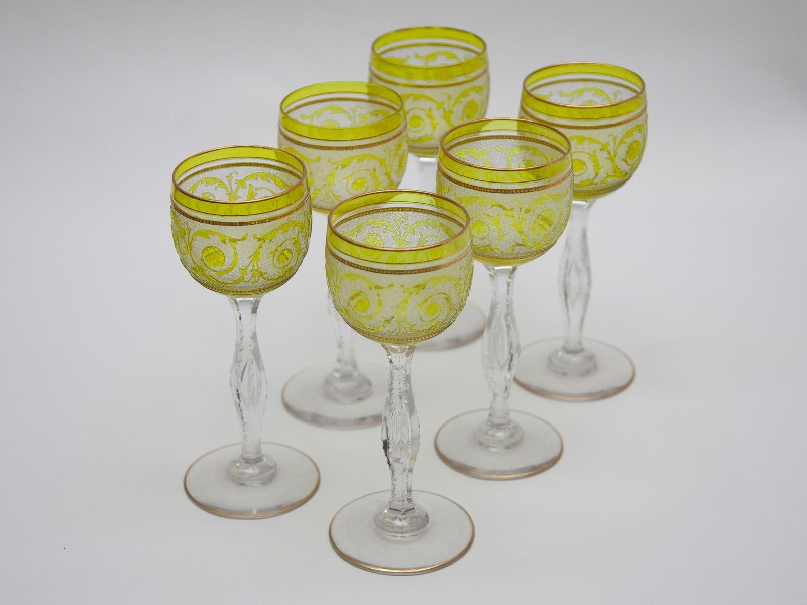 photo furniture Set Of Six Saint Louis, Thistle Engraving Green Wine Glasses, 1910, France