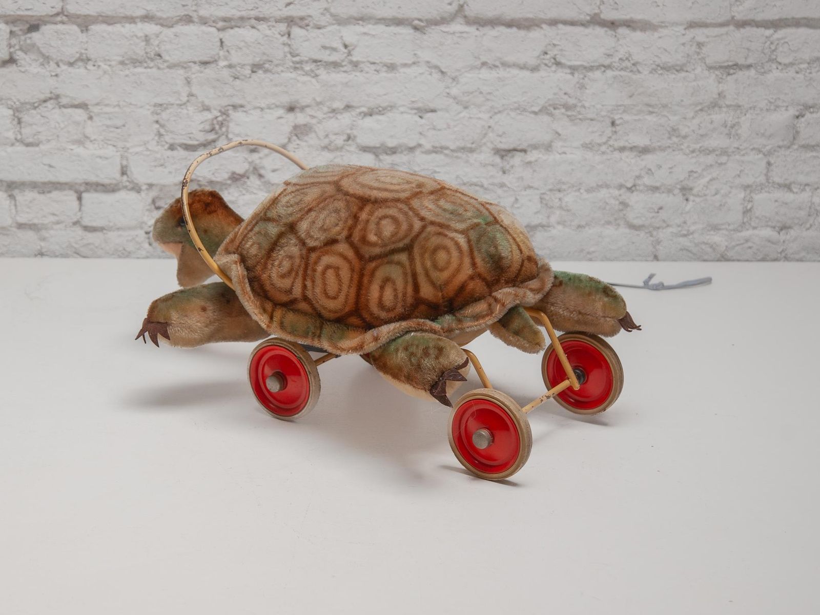 Children Steiff Large Plush Turtle Toy With Glass Button Eyes 1960s And Wheels photo vinterior